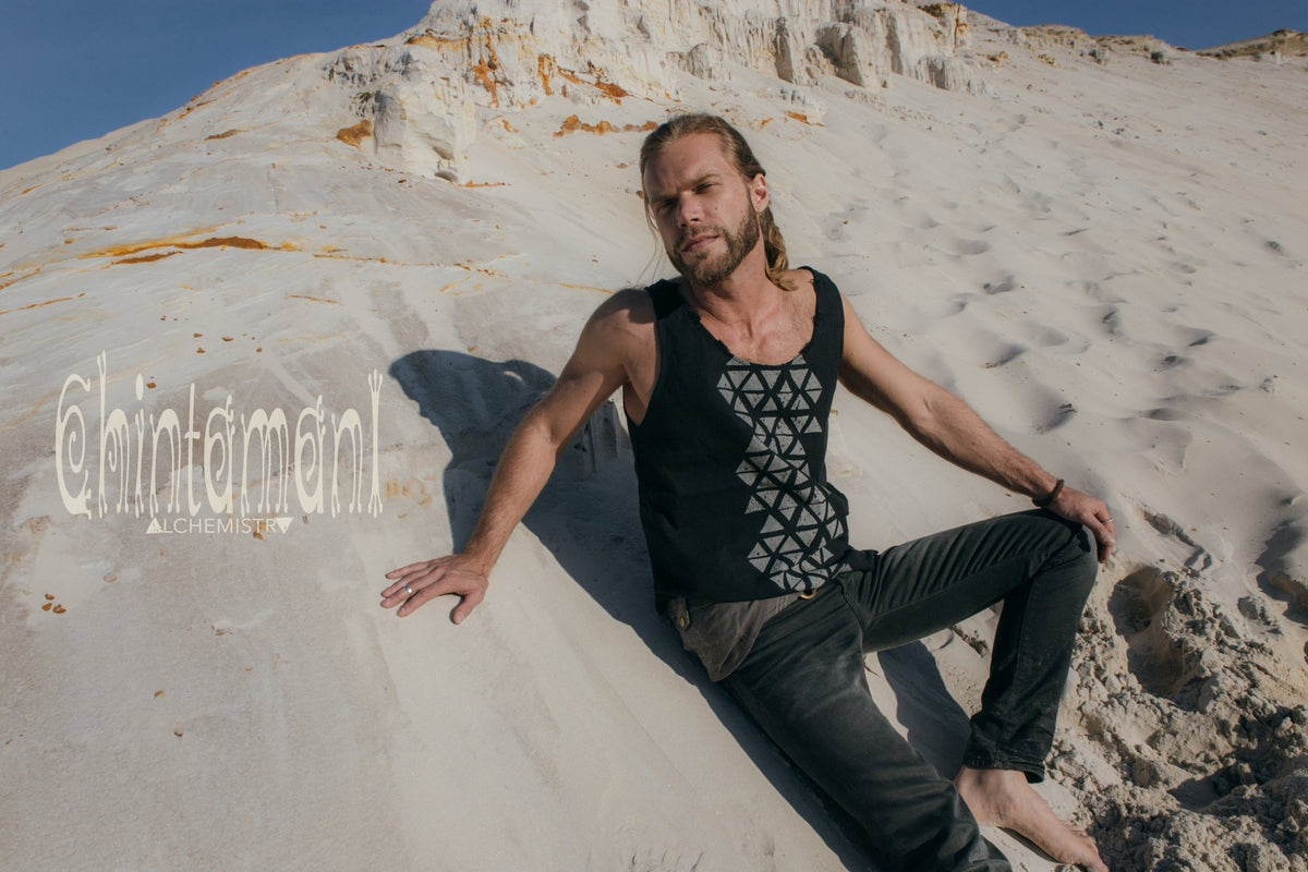 Nomad Cotton Tank Top for Men with Geometric Screen Print / Black - ChintamaniAlchemi