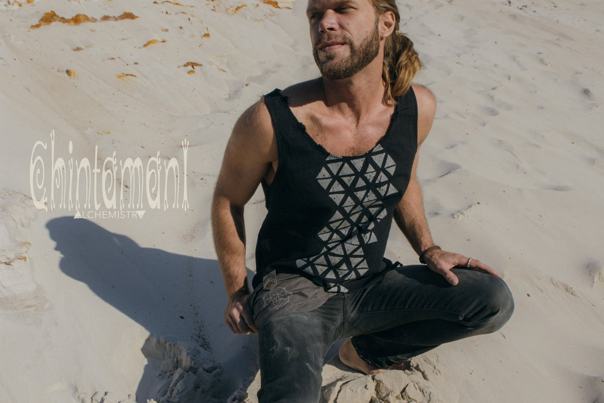 Nomad Cotton Tank Top for Men with Geometric Screen Print / Black - ChintamaniAlchemi