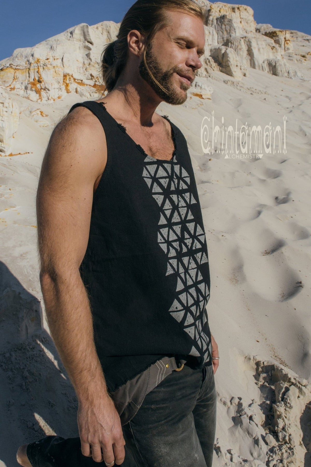 Nomad Cotton Tank Top for Men with Geometric Screen Print / Black - ChintamaniAlchemi