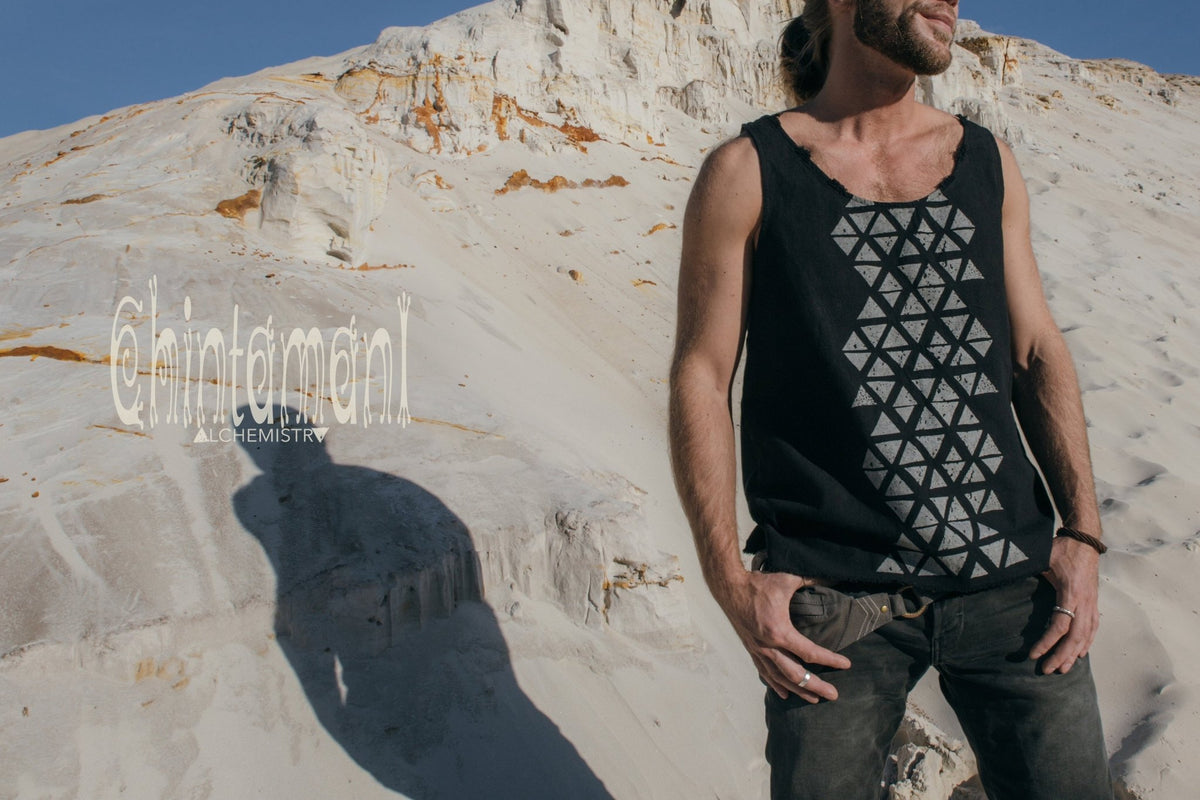 Nomad Cotton Tank Top for Men with Geometric Screen Print / Black - ChintamaniAlchemi