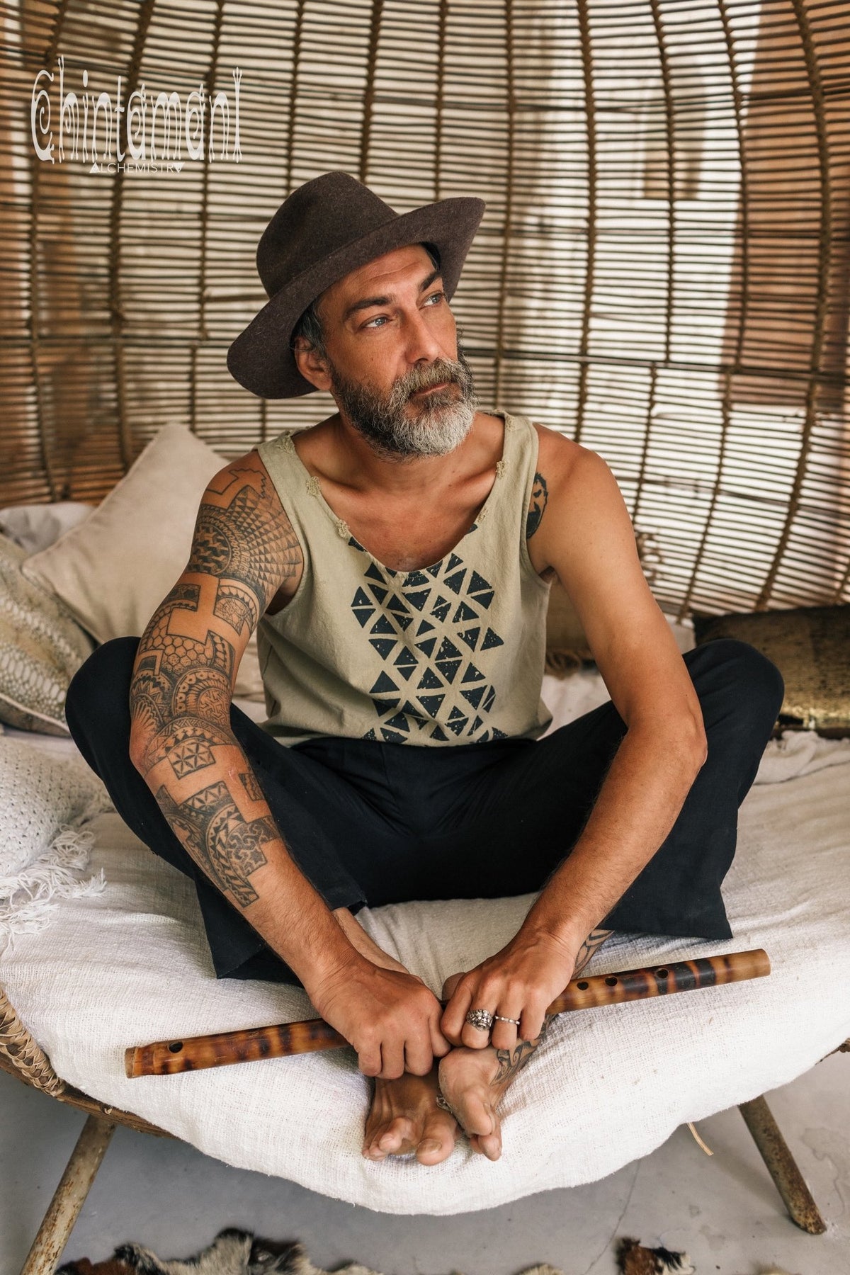 Nomad Cotton Tank Top for Men with Geometric Screen Print / Green Sage - ChintamaniAlchemi