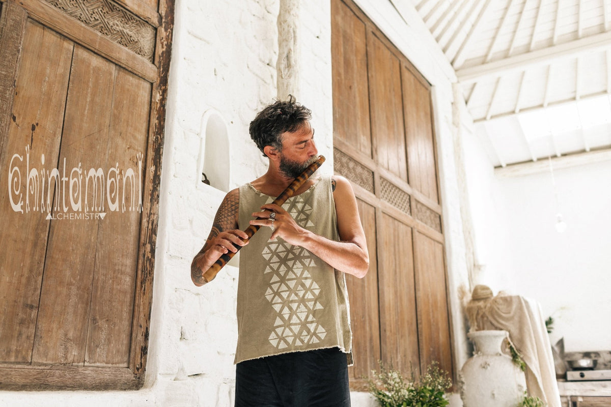 Nomad Cotton Tank Top for Men with Geometric Screen Print / Green Sage - ChintamaniAlchemi