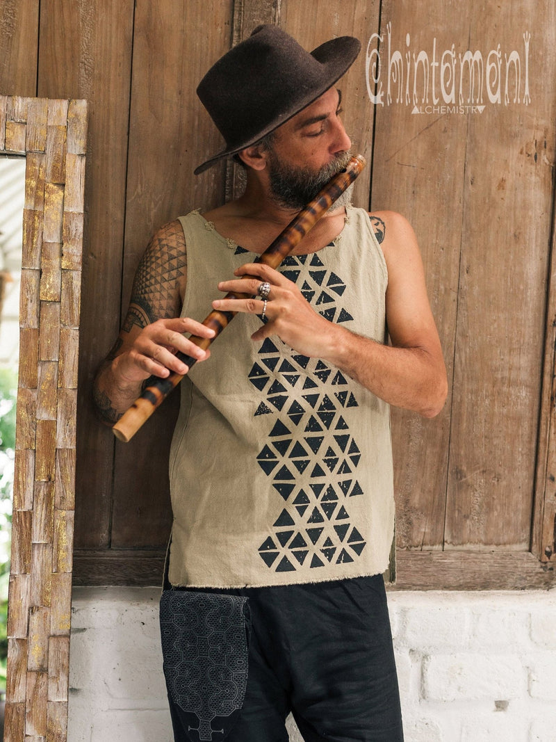 Nomad Cotton Tank Top for Men with Geometric Screen Print / Green Sage - ChintamaniAlchemi