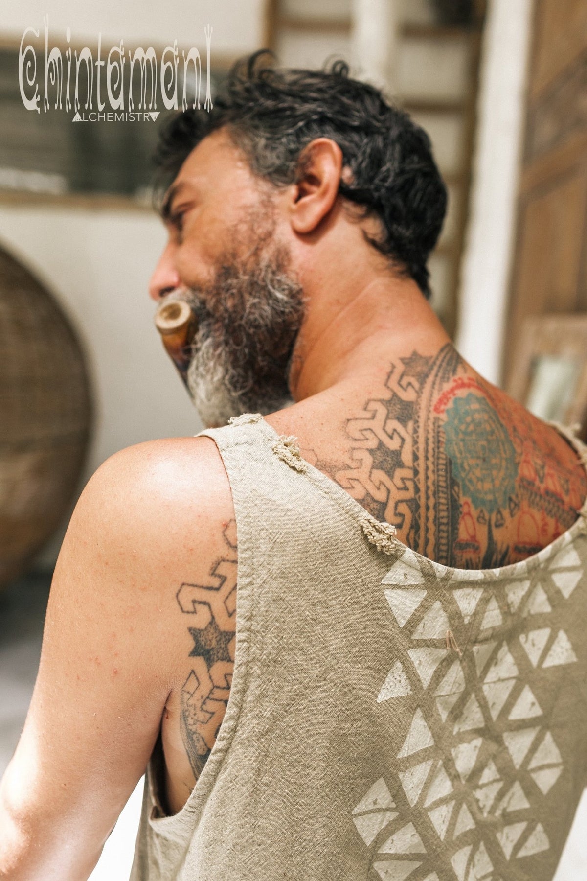 Nomad Cotton Tank Top for Men with Geometric Screen Print / Green Sage - ChintamaniAlchemi