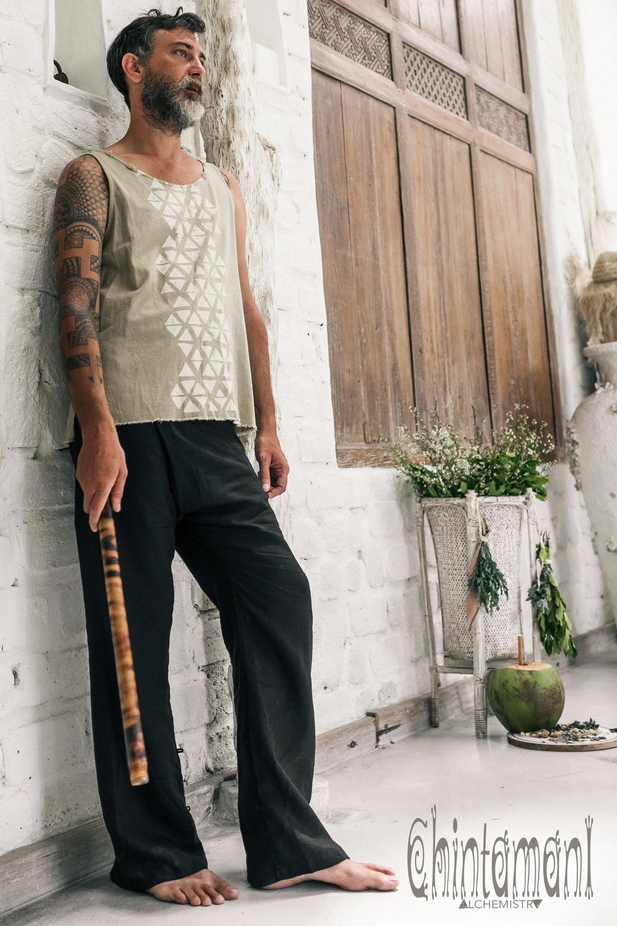 Nomad Cotton Tank Top for Men with Geometric Screen Print / Green Sage - ChintamaniAlchemi