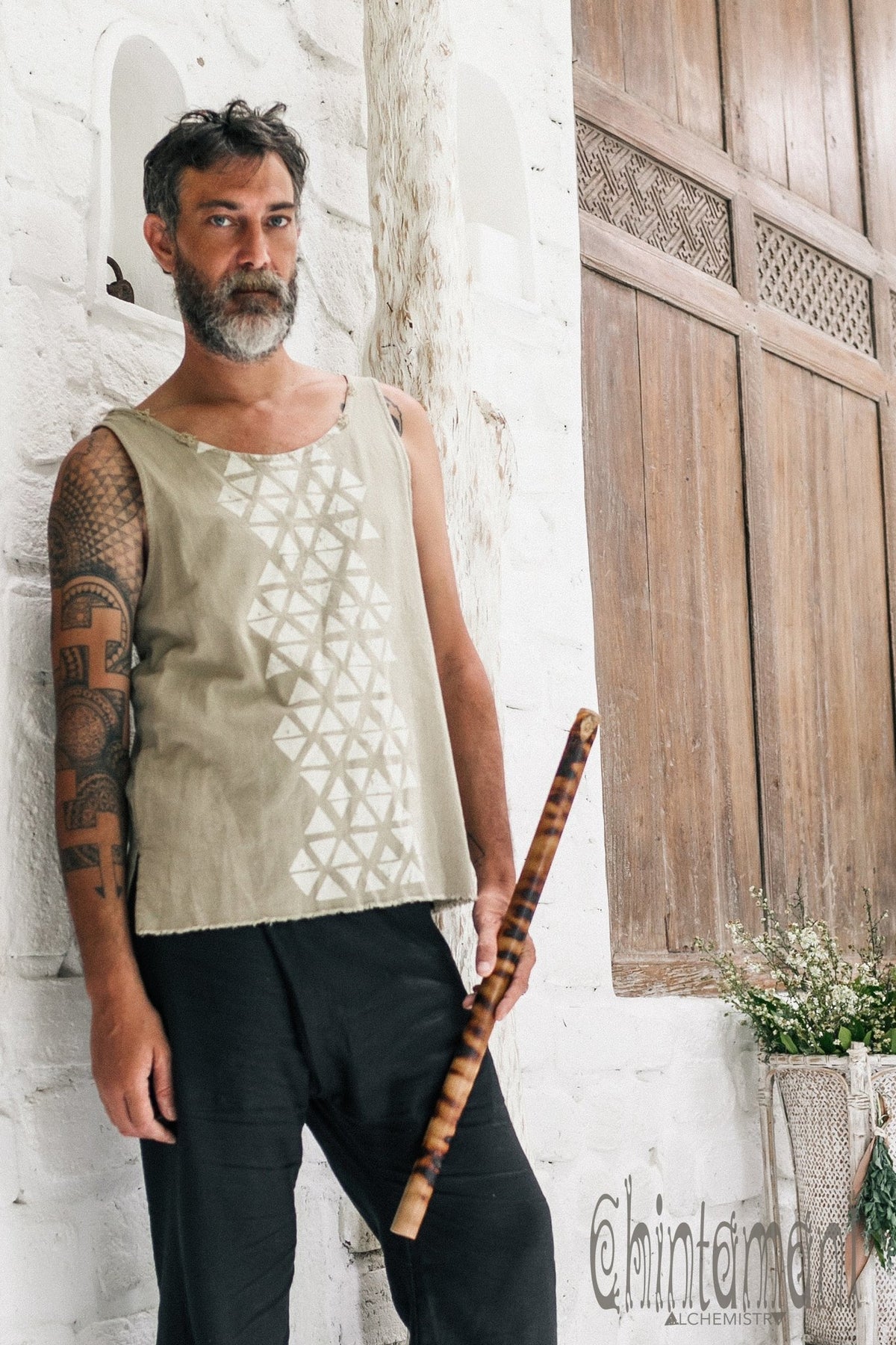 Nomad Cotton Tank Top for Men with Geometric Screen Print / Green Sage - ChintamaniAlchemi