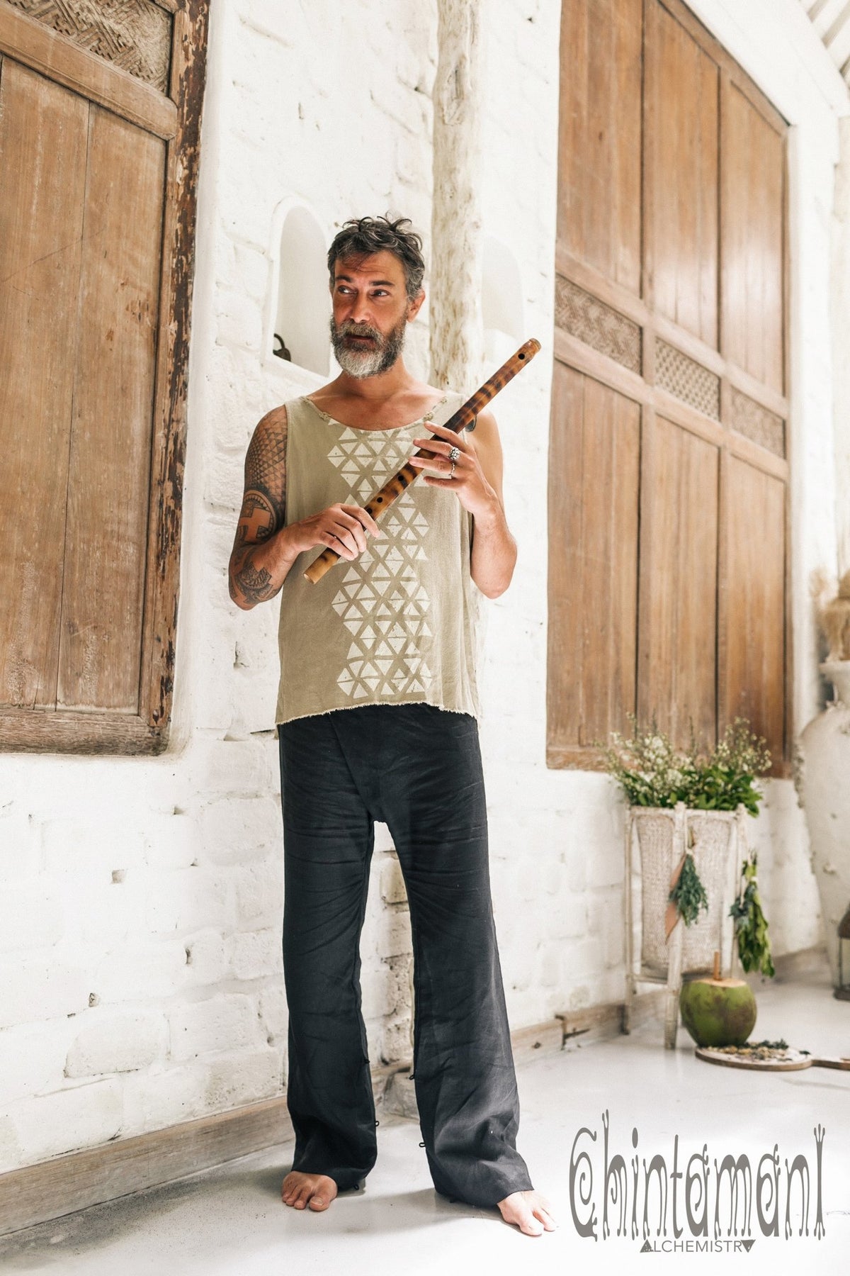 Nomad Cotton Tank Top for Men with Geometric Screen Print / Green Sage - ChintamaniAlchemi