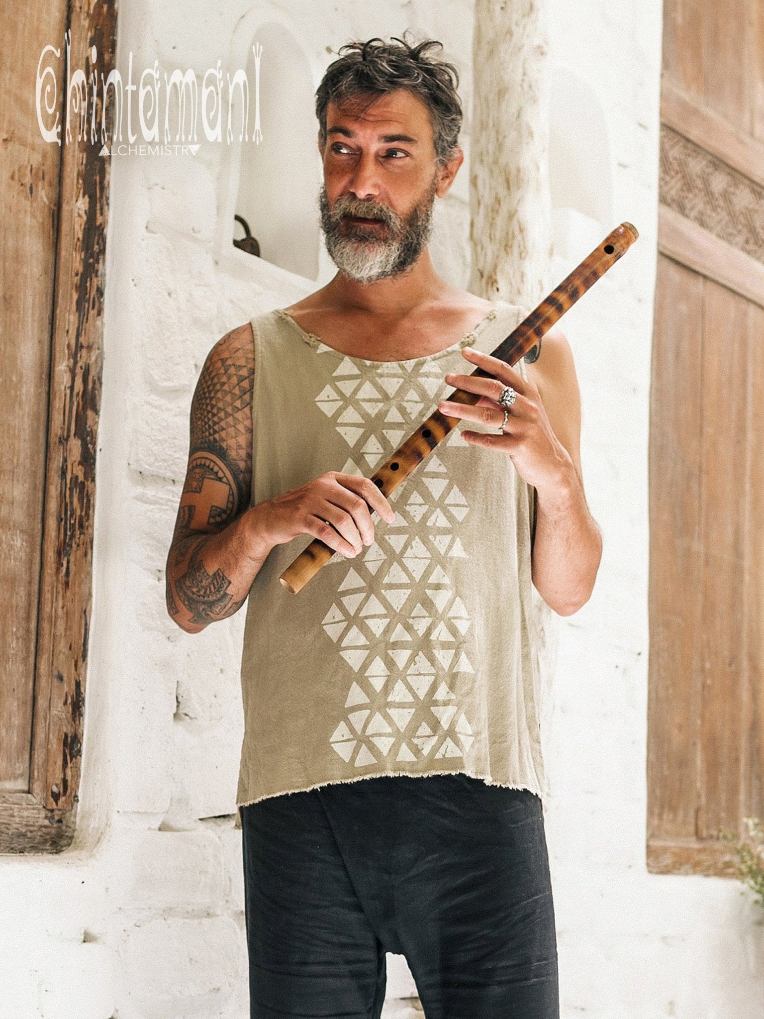 Nomad Cotton Tank Top for Men with Geometric Screen Print / Green Sage - ChintamaniAlchemi