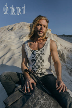 Nomad Cotton Tank Top for Men with Geometric Screen Print / Off White - ChintamaniAlchemi