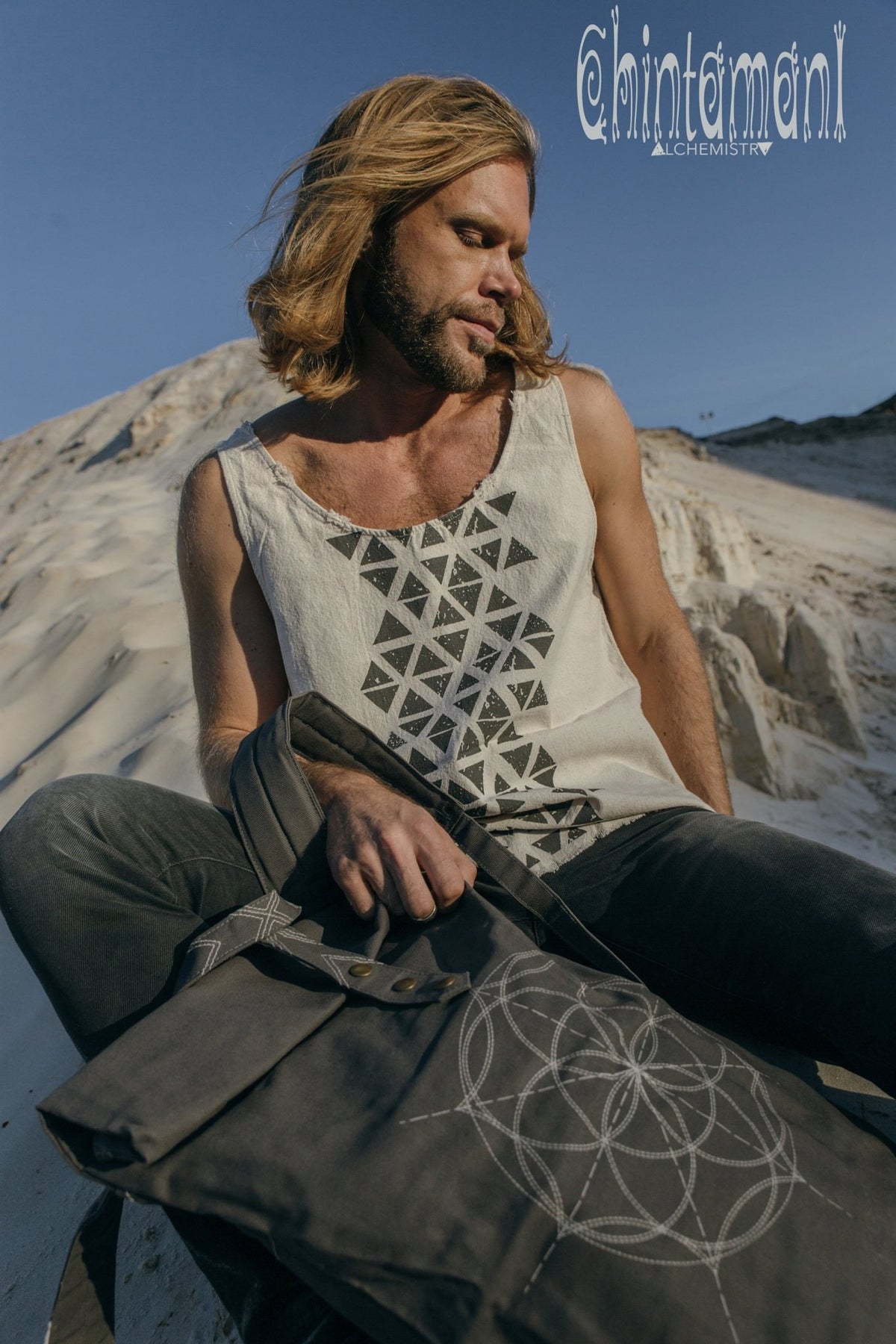 Nomad Cotton Tank Top for Men with Geometric Screen Print / Off White - ChintamaniAlchemi