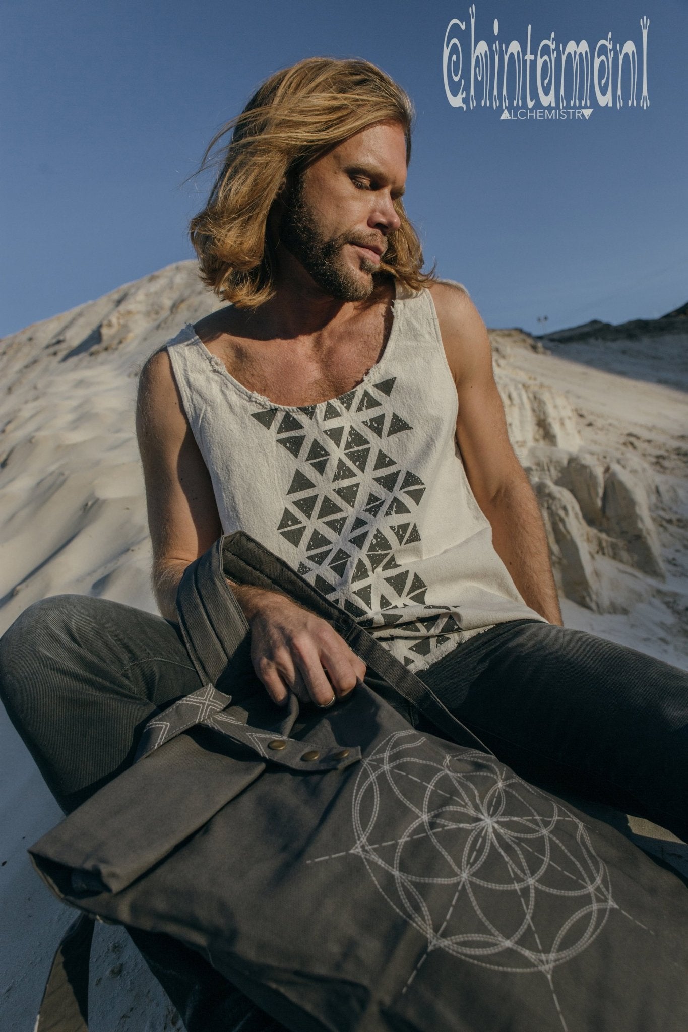 Nomad Cotton Tank Top for Men with Geometric Screen Print / Off