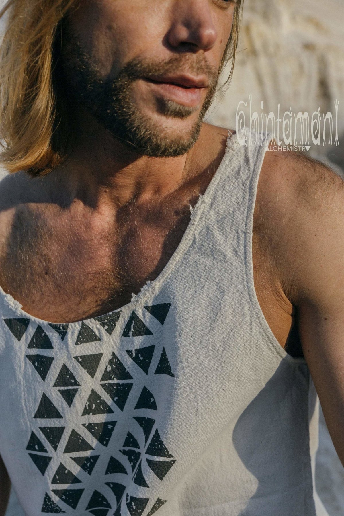 Nomad Cotton Tank Top for Men with Geometric Screen Print / Off White - ChintamaniAlchemi