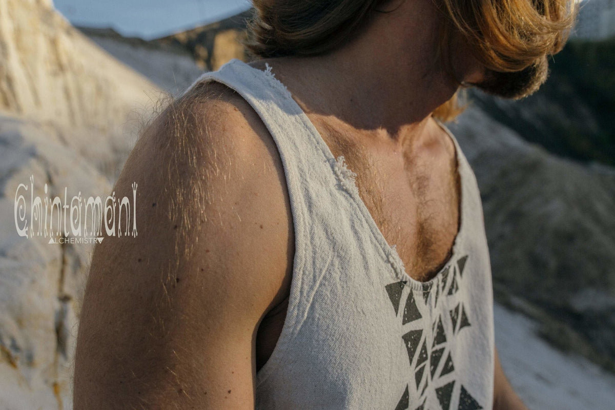 Nomad Cotton Tank Top for Men with Geometric Screen Print / Off White - ChintamaniAlchemi