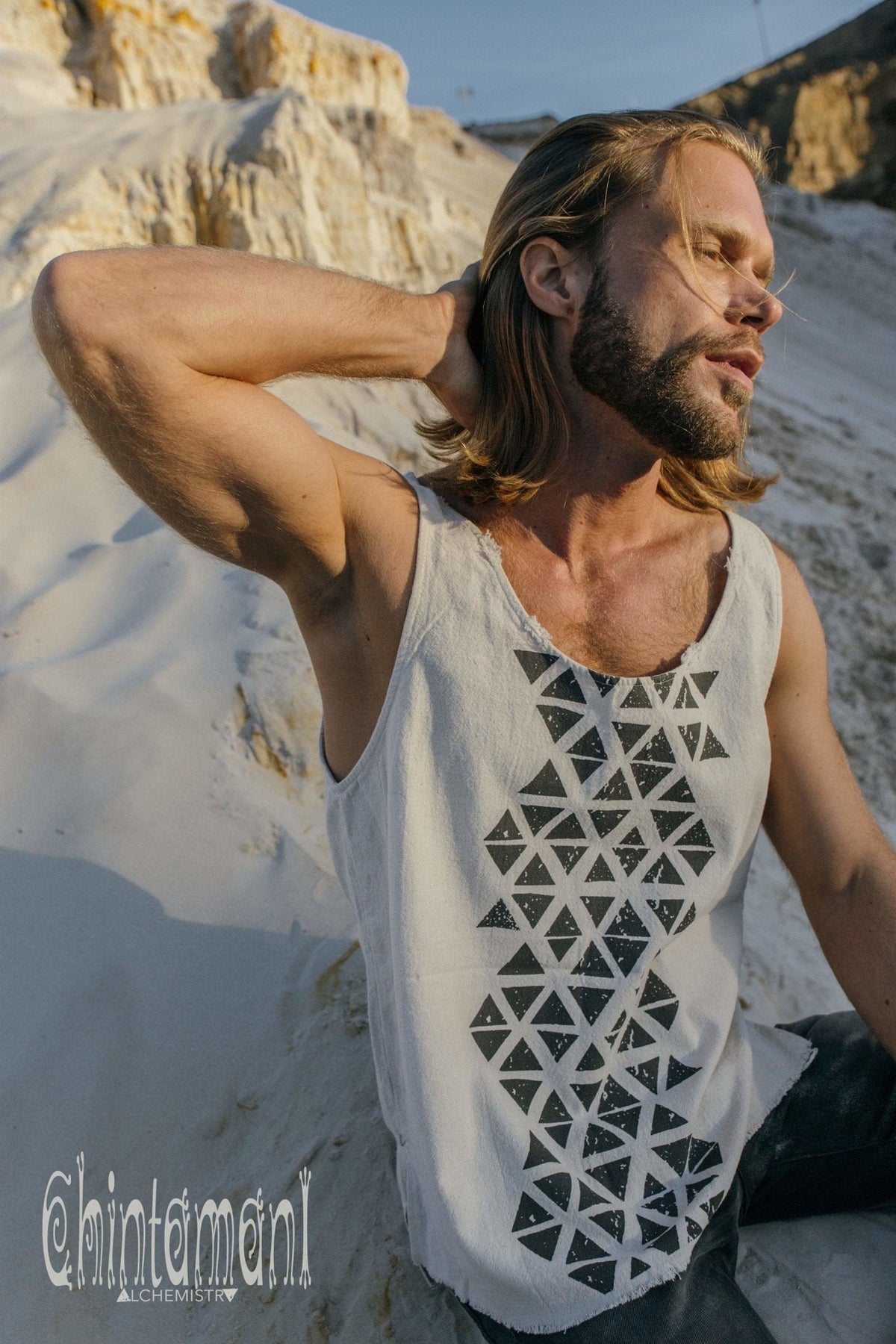 Nomad Cotton Tank Top for Men with Geometric Screen Print / Off White - ChintamaniAlchemi