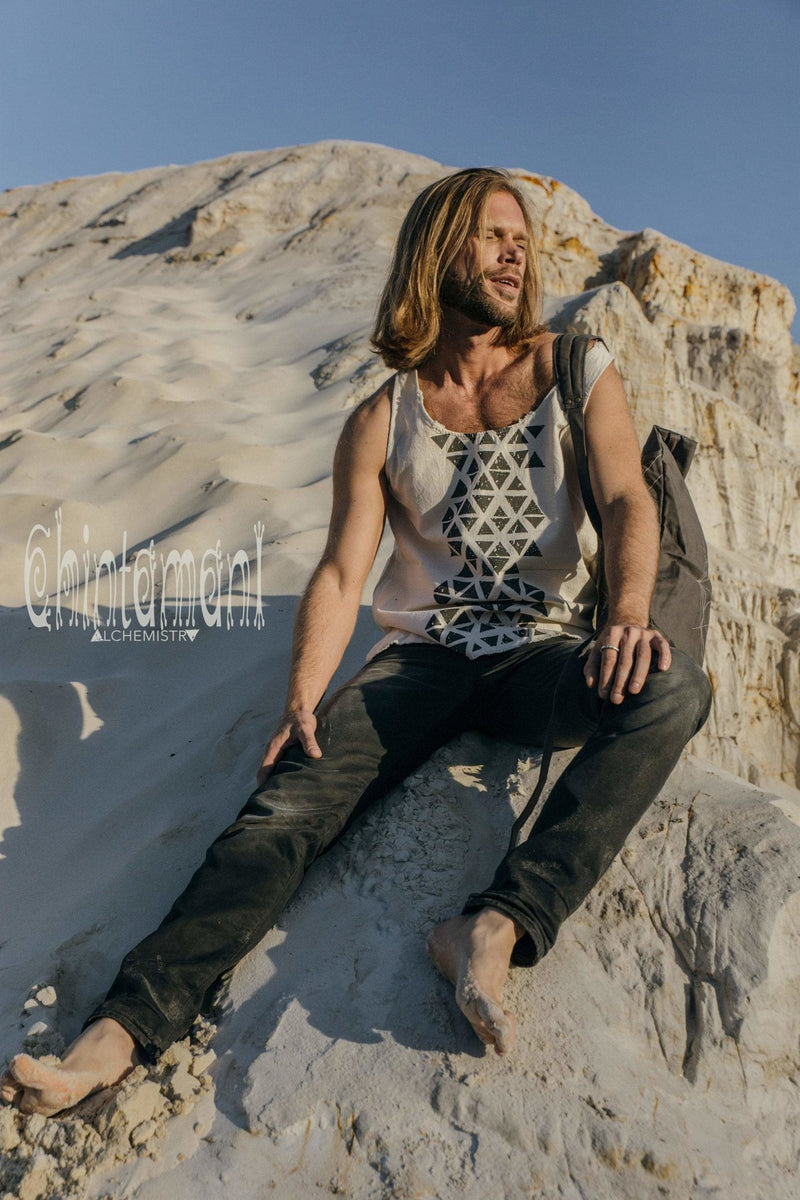 Nomad Cotton Tank Top for Men with Geometric Screen Print / Off White - ChintamaniAlchemi