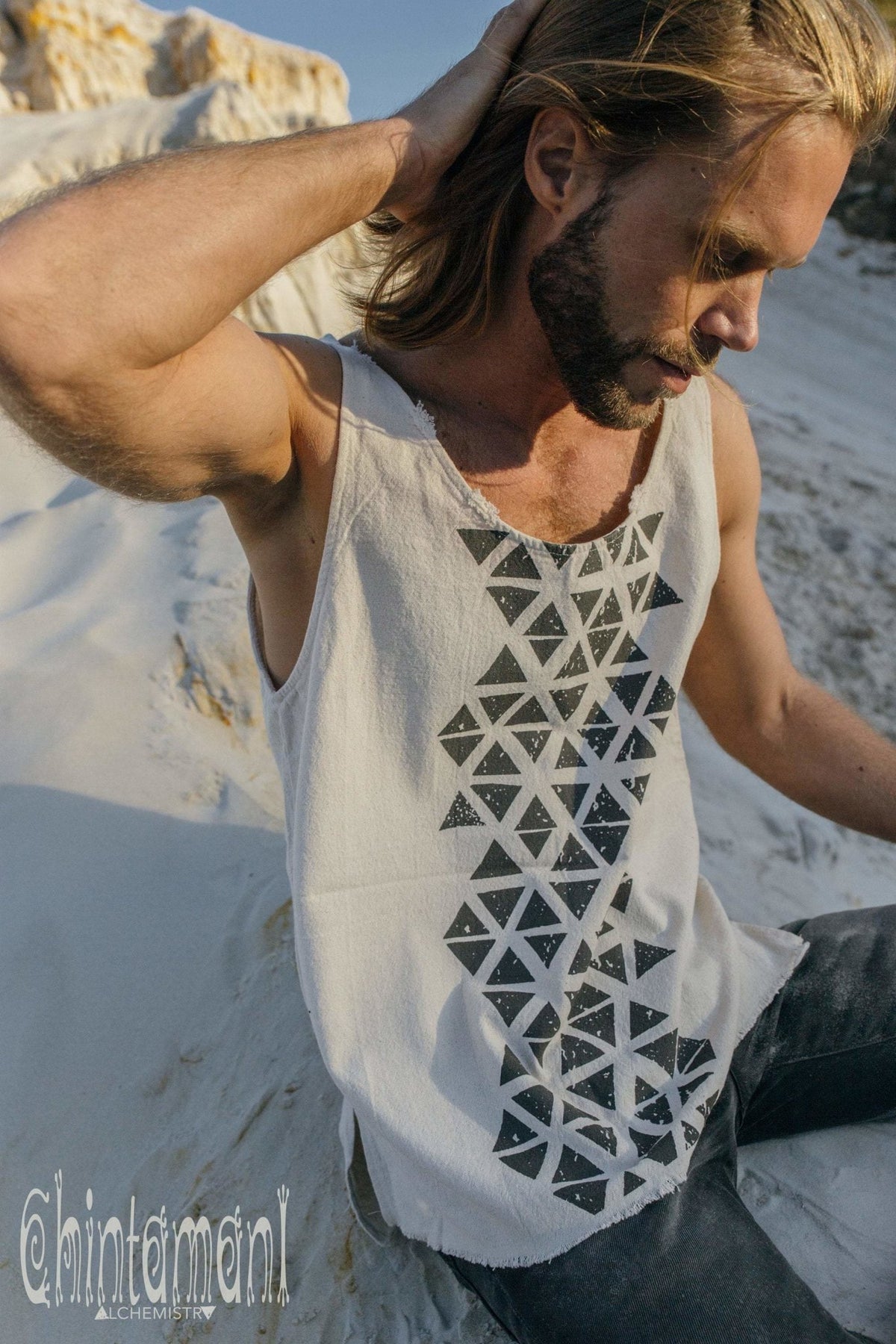 Nomad Cotton Tank Top for Men with Geometric Screen Print / Off White - ChintamaniAlchemi