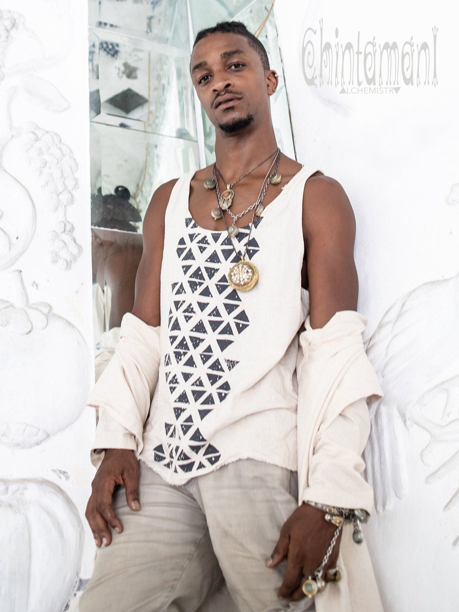 Nomad Cotton Tank Top for Men with Geometric Screen Print / Off White - ChintamaniAlchemi