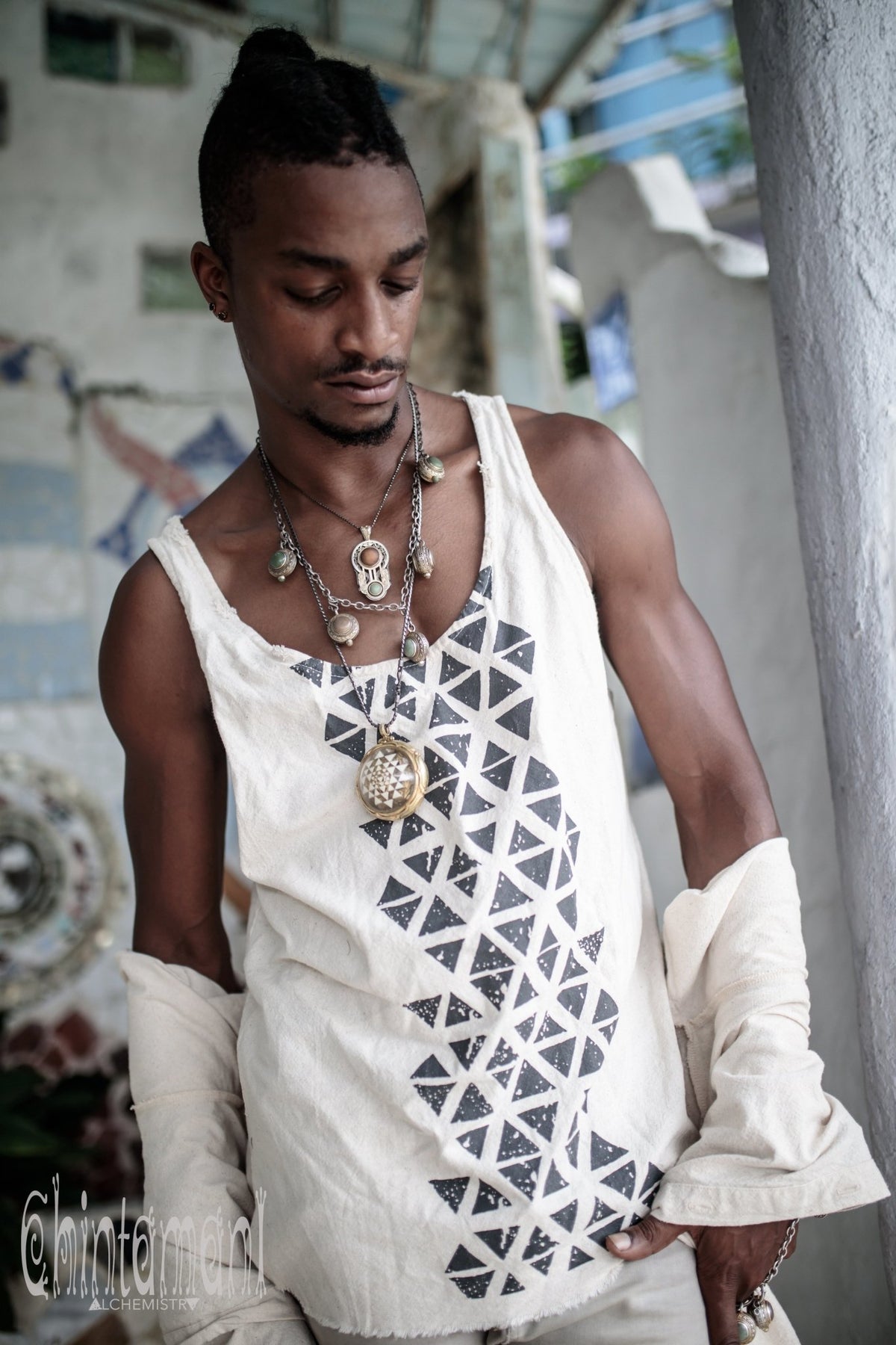 Nomad Cotton Tank Top for Men with Geometric Screen Print / Off White - ChintamaniAlchemi