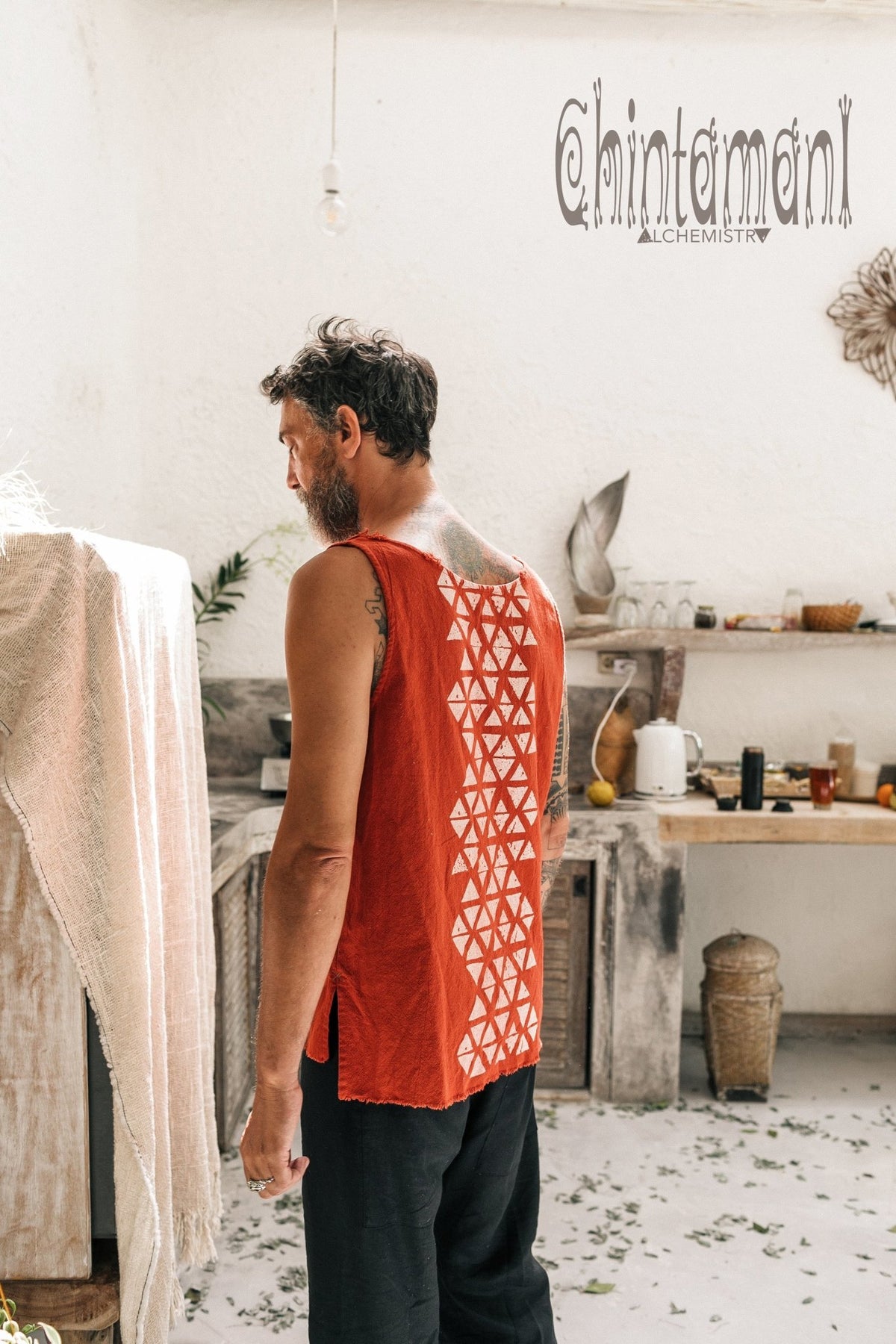 Nomad Cotton Tank Top for Men with Geometric Screen Print / Red Ochre - ChintamaniAlchemi