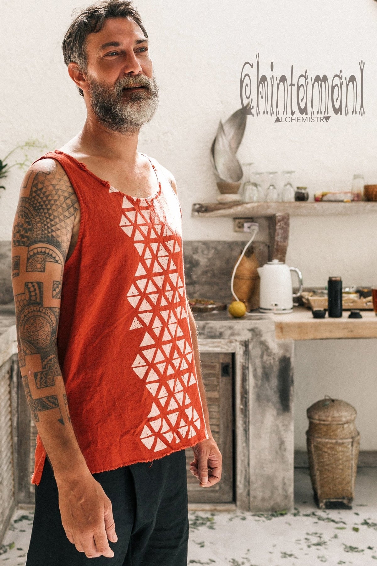 Nomad Cotton Tank Top for Men with Geometric Screen Print / Red Ochre - ChintamaniAlchemi