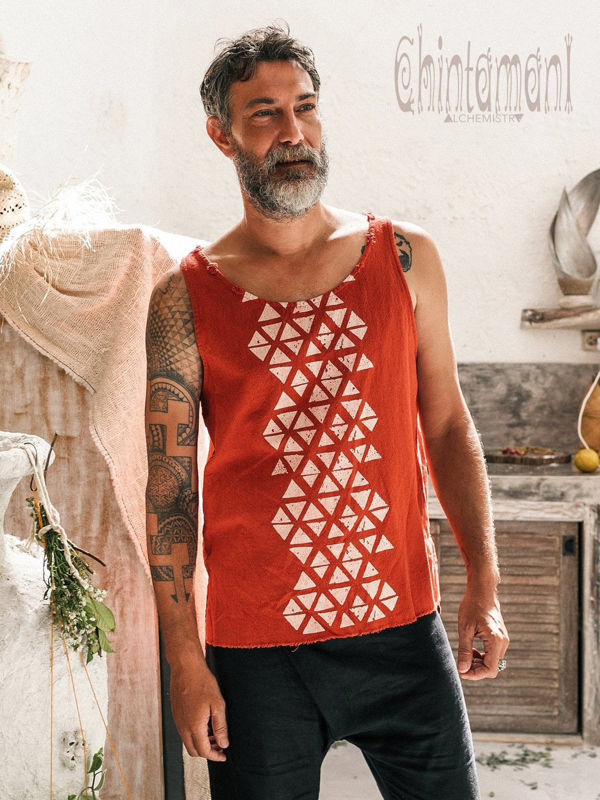 Nomad Cotton Tank Top for Men with Geometric Screen Print / Red Ochre - ChintamaniAlchemi