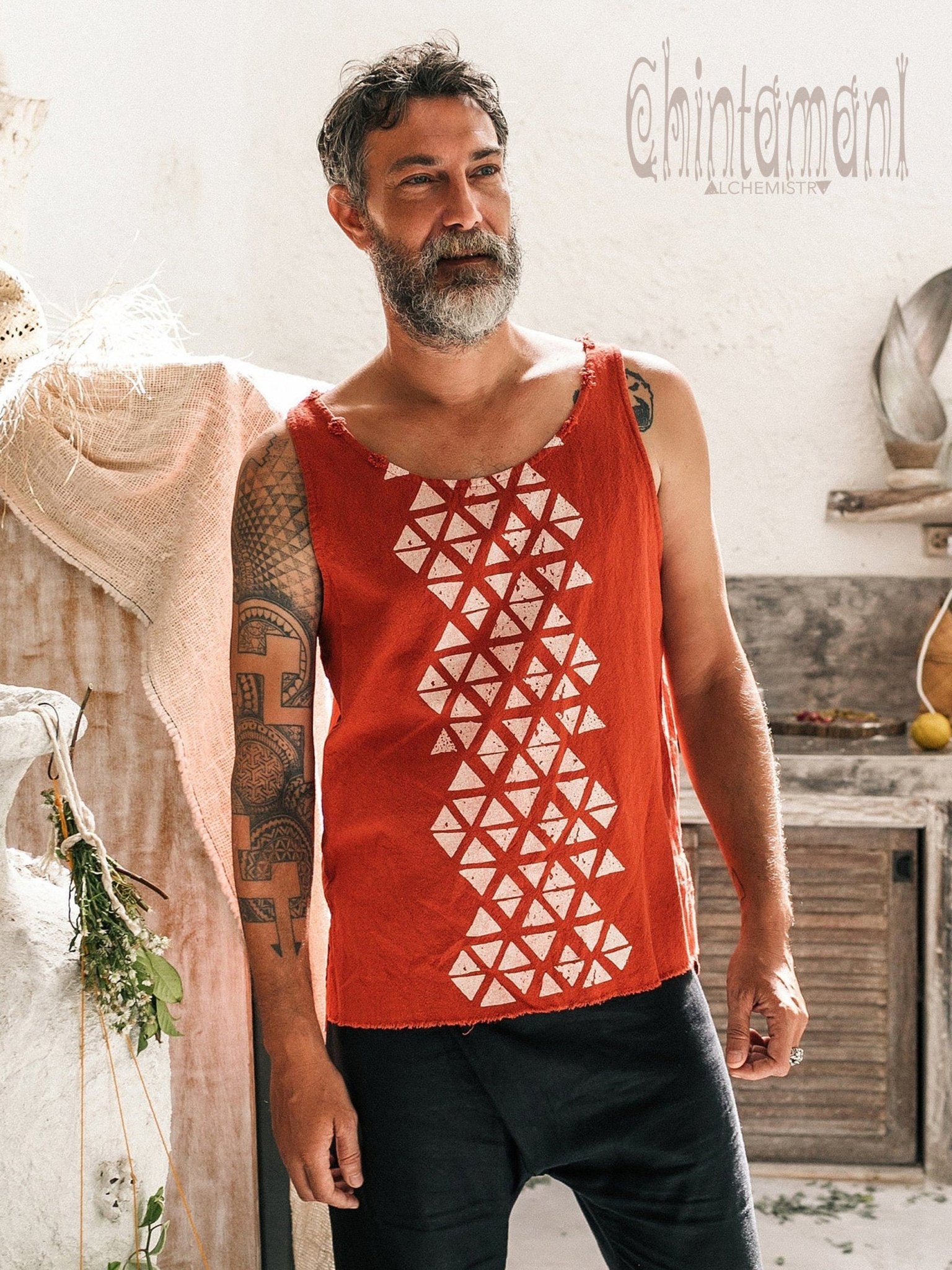 ChintamaniAlchemi Ochre Tank Nomad Men Top for Screen Print Red with – Geometric / Cotton
