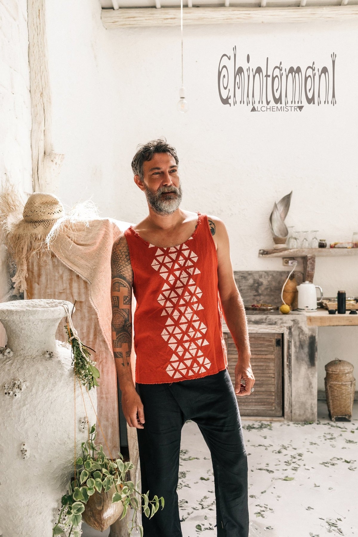 Nomad Cotton Tank Top for Men with Geometric Screen Print / Red Ochre - ChintamaniAlchemi