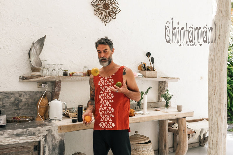 Nomad Cotton Tank Top for Men with Geometric Screen Print / Red Ochre - ChintamaniAlchemi