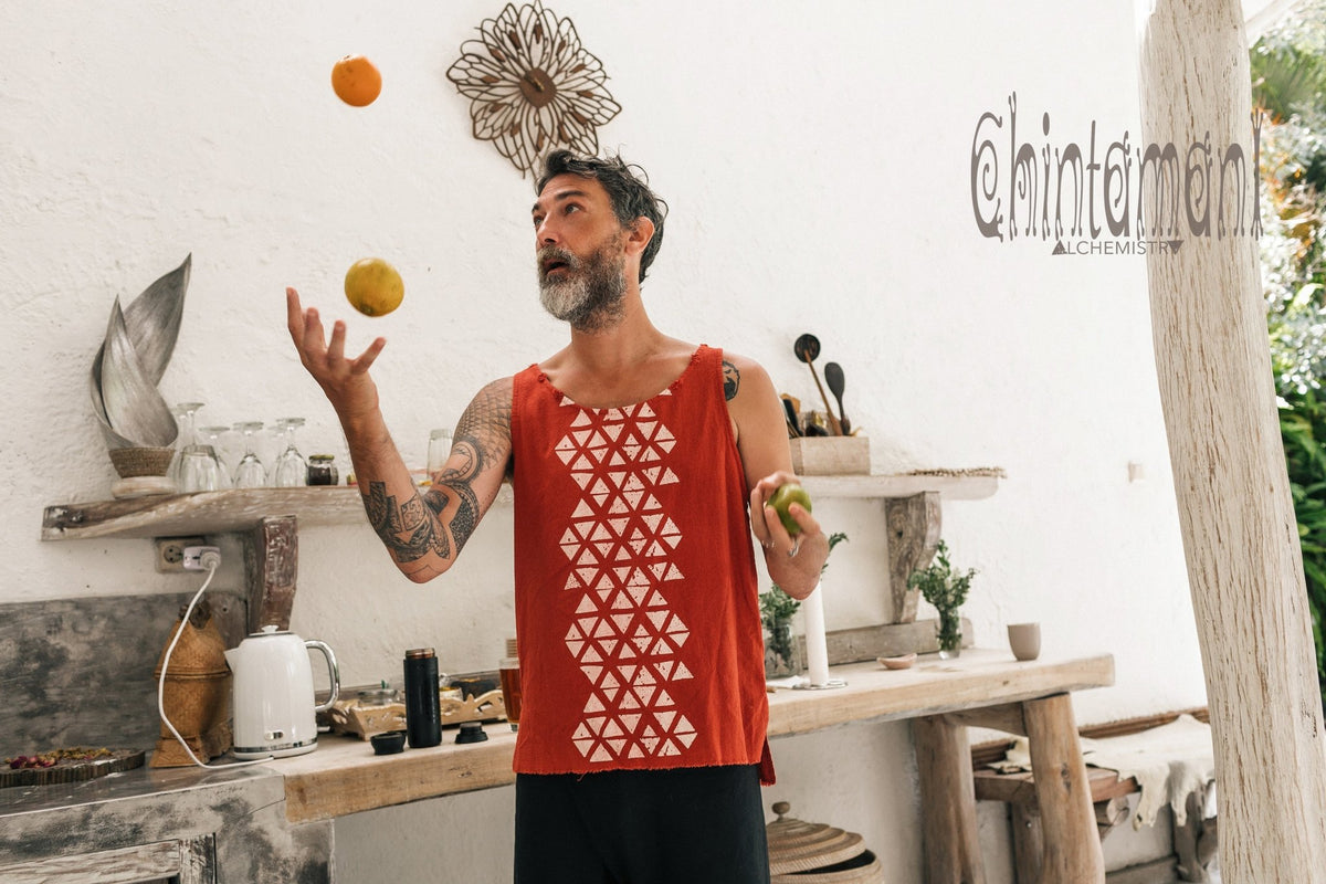 Nomad Cotton Tank Top for Men with Geometric Screen Print / Red Ochre - ChintamaniAlchemi