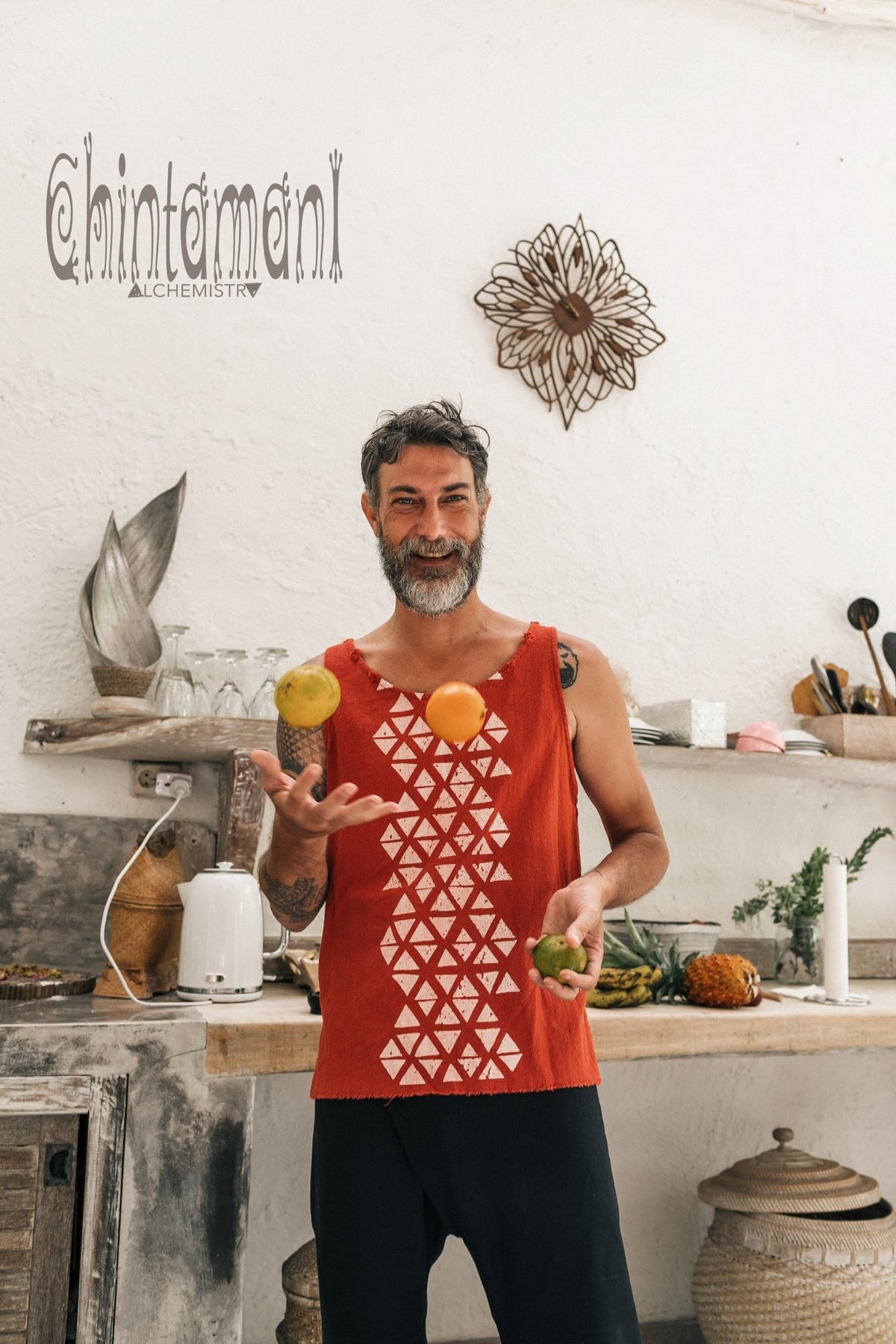 Nomad Cotton Tank Top for Men with Geometric Screen Print / Red Ochre - ChintamaniAlchemi