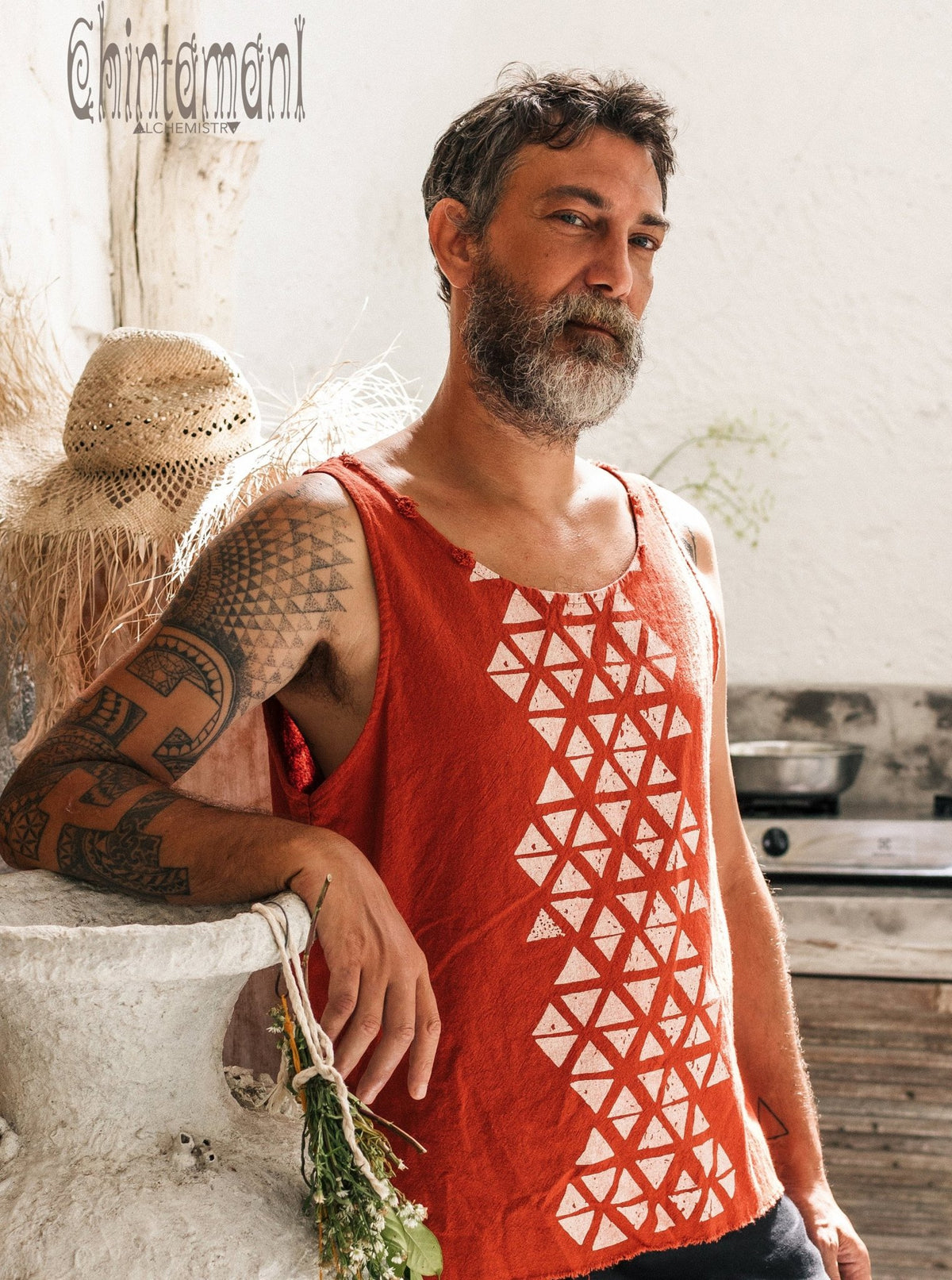 Nomad Cotton Tank Top for Men with Geometric Screen Print / Red Ochre - ChintamaniAlchemi