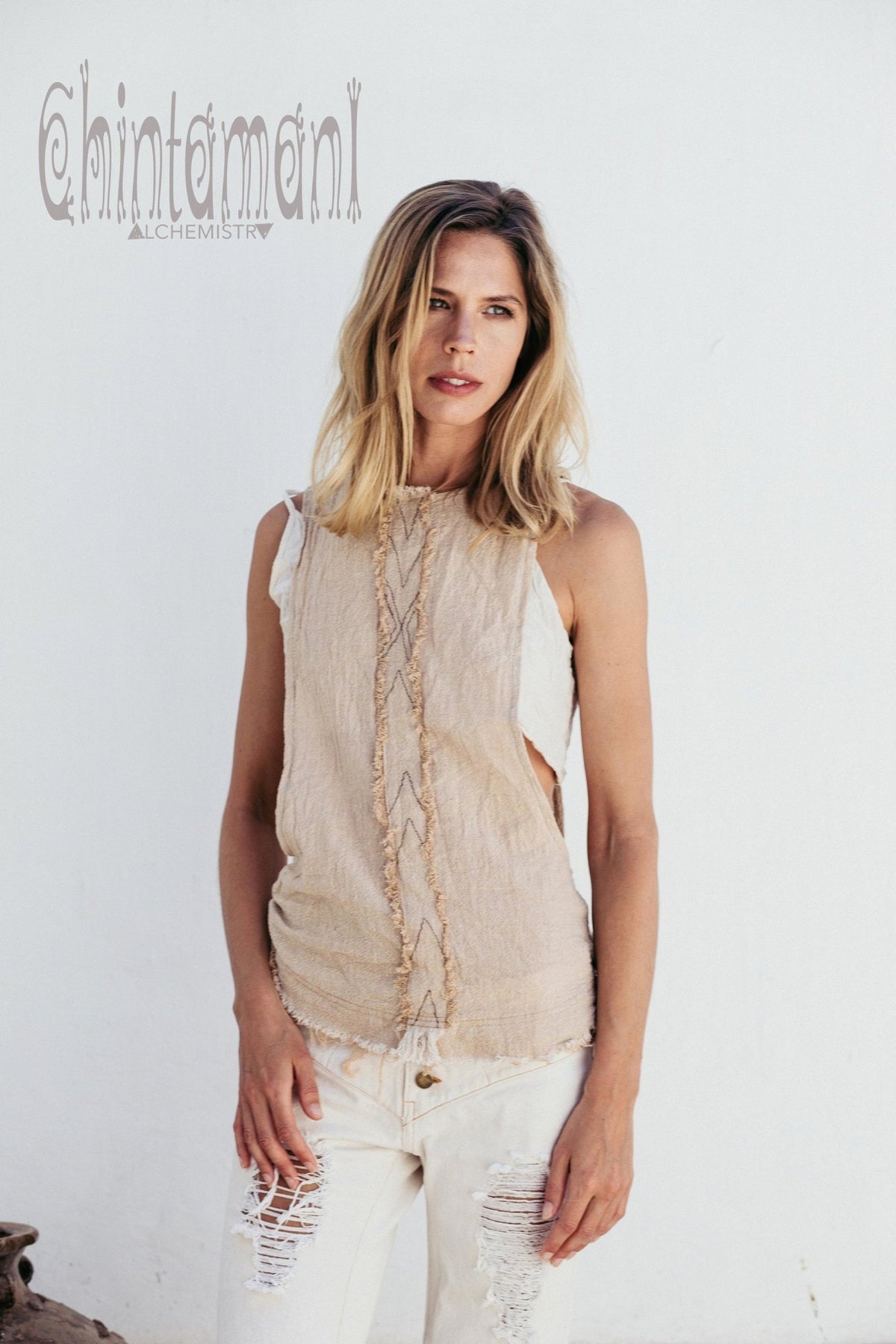 Open Sides Raw Cotton Boho Top / Tribal Organic Blouse / Beige - ChintamaniAlchemi