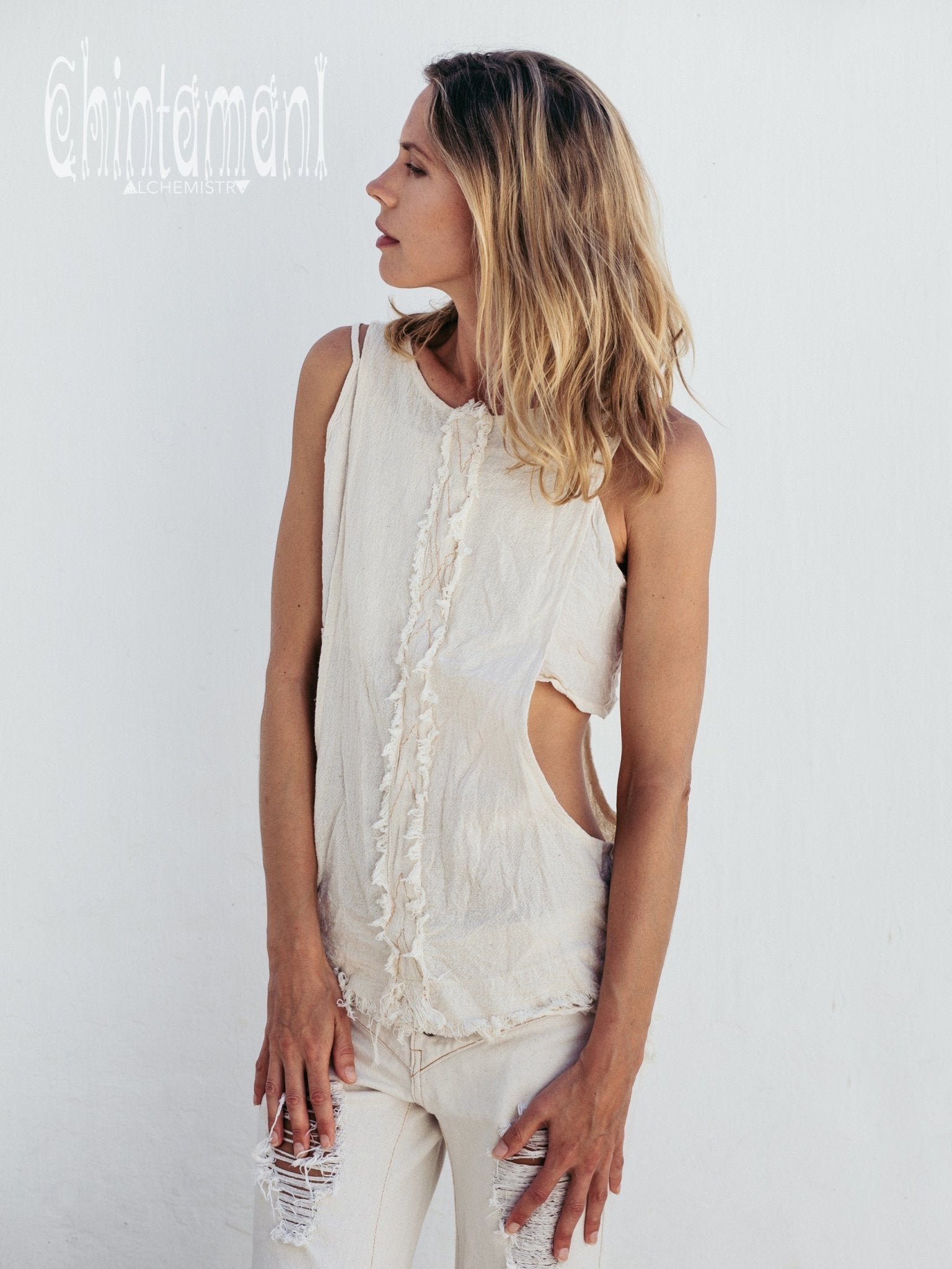 Open Sides Raw Cotton Boho Top / Tribal Organic Blouse / Off White - ChintamaniAlchemi