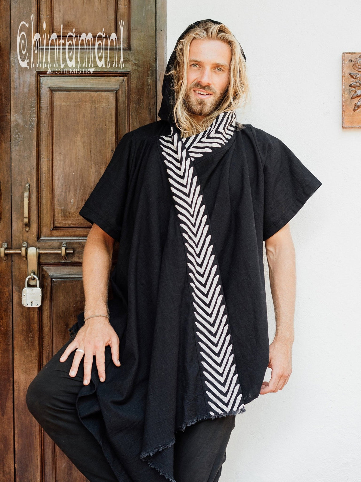 Organic Cotton Hooded Shirt for Men / Nomad Ripped Tunic / Black - ChintamaniAlchemi