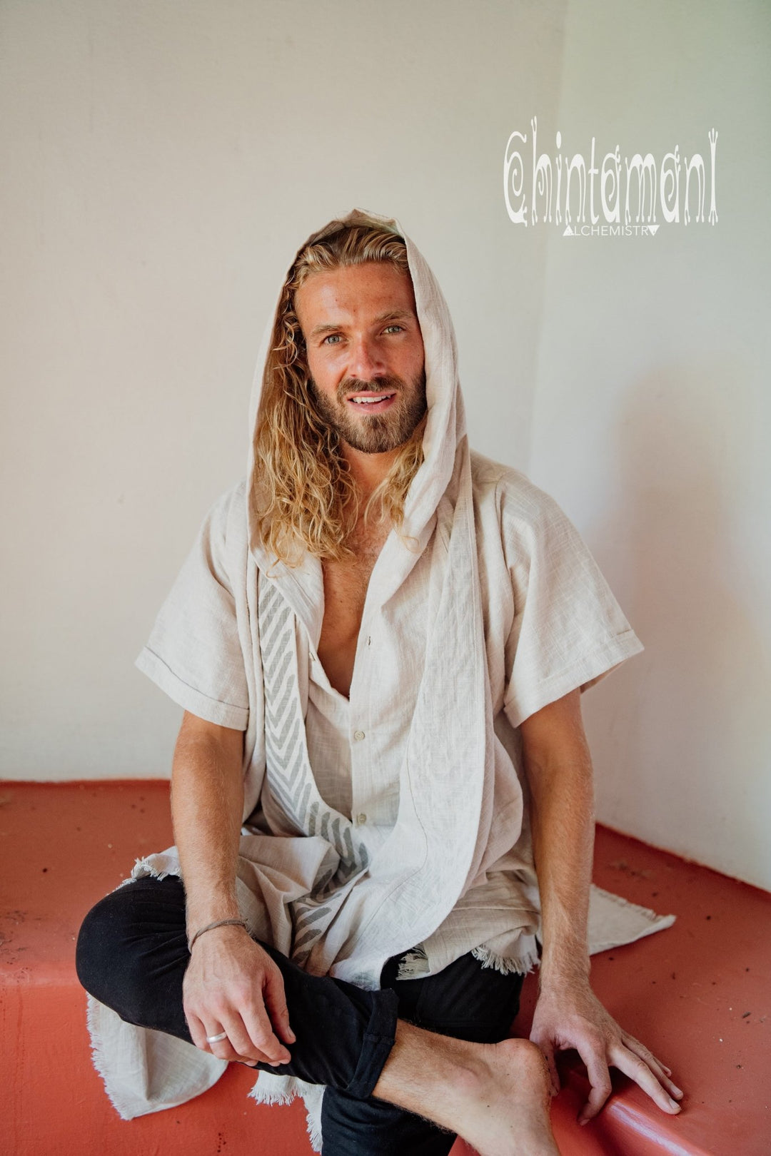 Organic Cotton Hooded Shirt for Men / Nomad Ripped Tunic / Gray - ChintamaniAlchemi