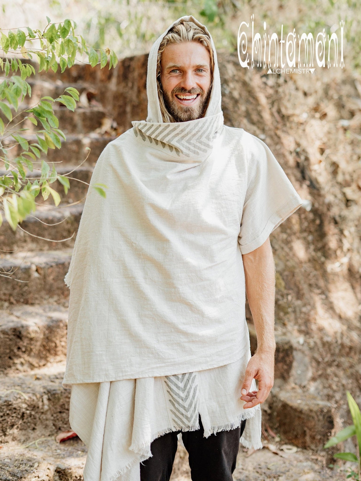 Organic Cotton Hooded Shirt for Men / Nomad Ripped Tunic / Gray - ChintamaniAlchemi