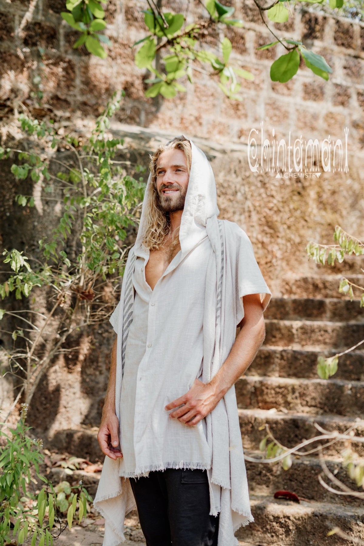 Organic Cotton Hooded Shirt for Men / Nomad Ripped Tunic / Gray - ChintamaniAlchemi