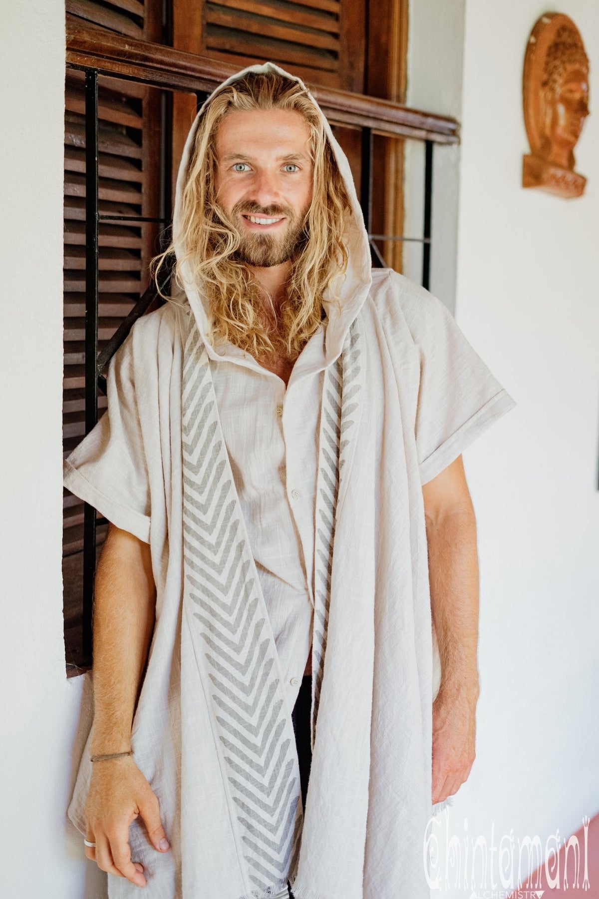 Organic Cotton Hooded Shirt for Men / Nomad Ripped Tunic / Gray - ChintamaniAlchemi