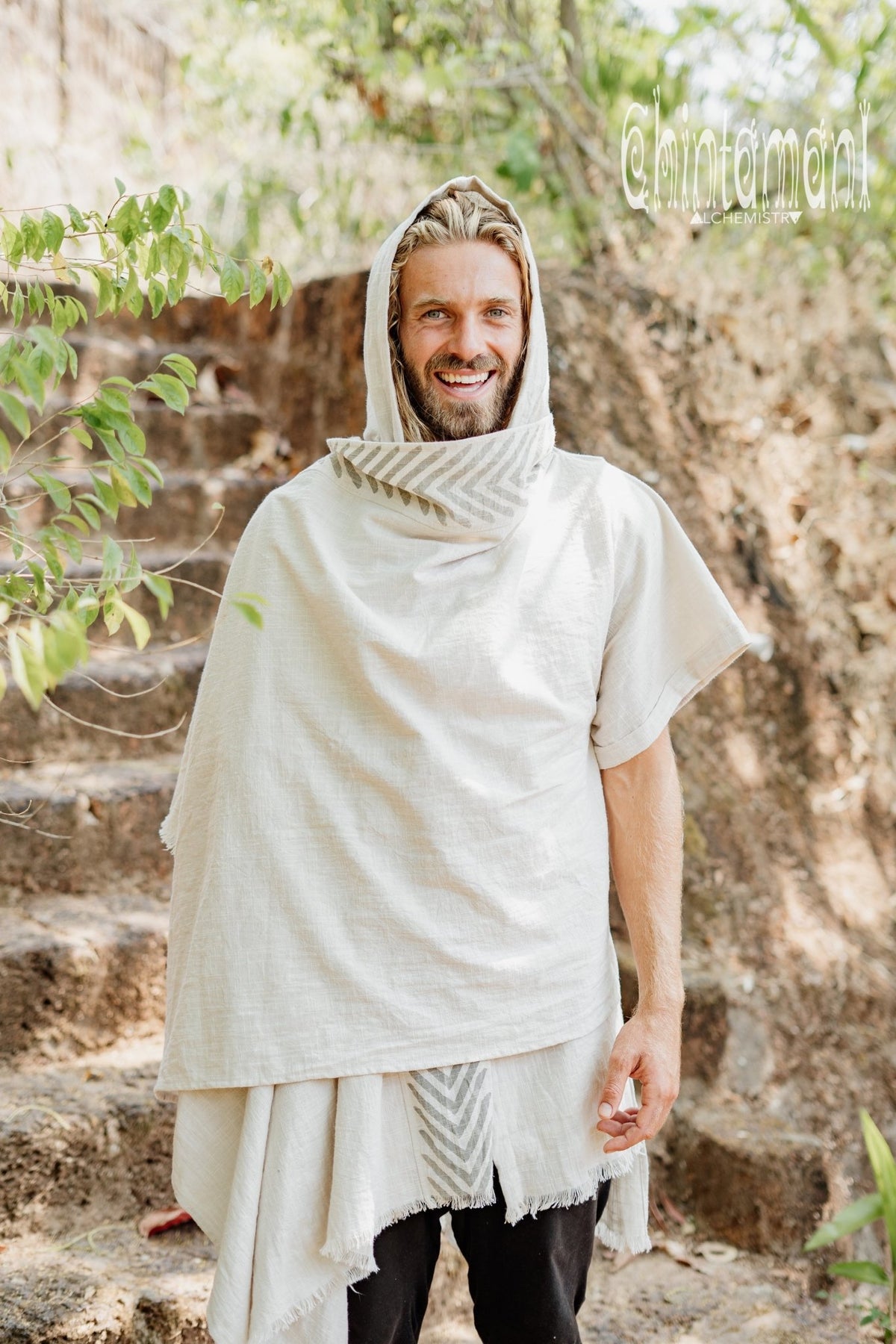 Organic Cotton Hooded Shirt for Men / Nomad Ripped Tunic / Gray - ChintamaniAlchemi