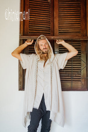 Organic Cotton Hooded Shirt for Men / Nomad Ripped Tunic / Gray - ChintamaniAlchemi