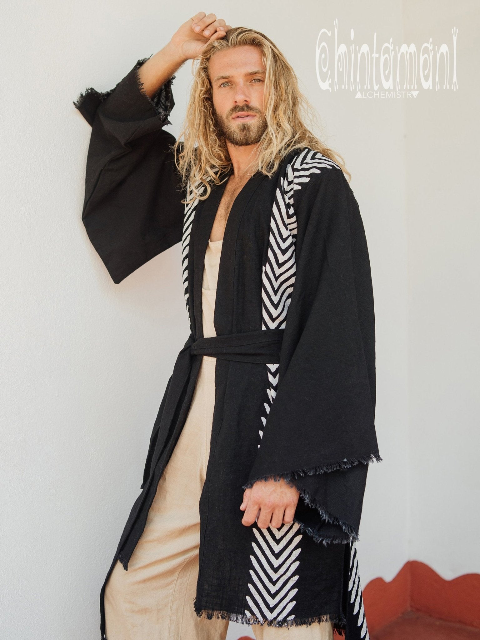 Organic Cotton Kimono Robe / Cardigan for Men / Black - ChintamaniAlchemi