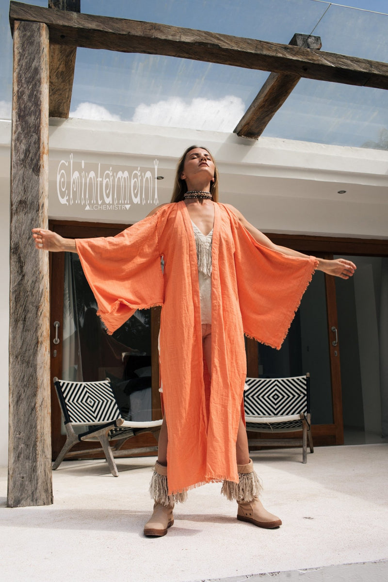 Organic Cotton Kimono Robe / Women Boho Cardigan / Coral - ChintamaniAlchemi