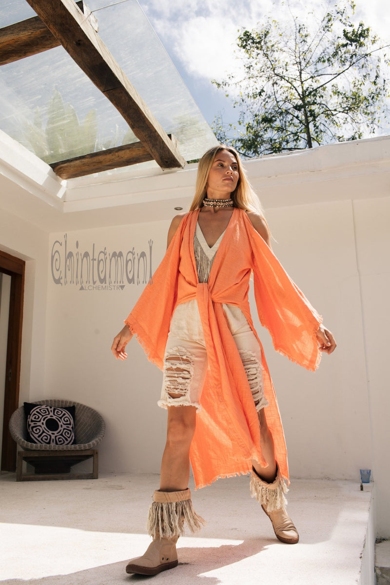 Organic Cotton Kimono Robe / Women Boho Cardigan / Coral - ChintamaniAlchemi