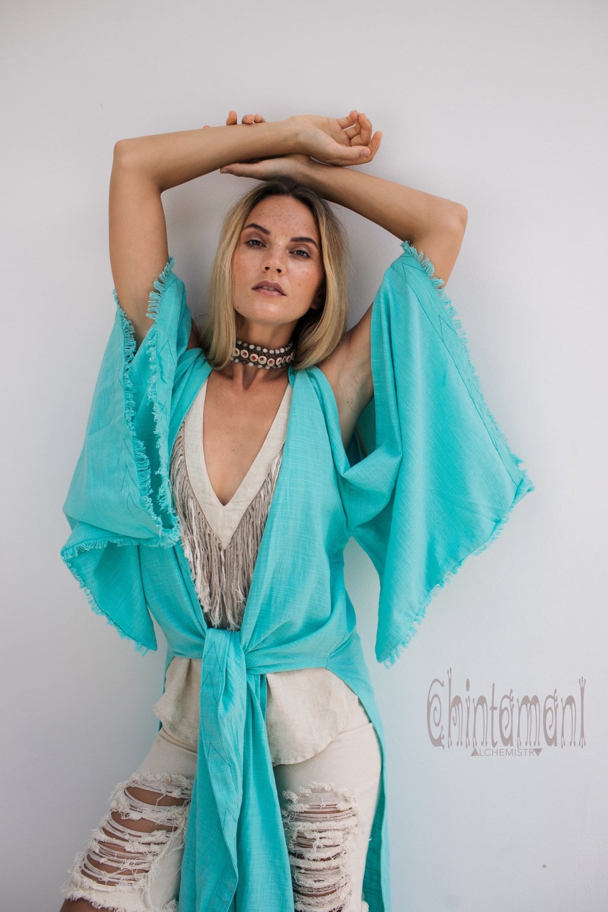 Organic Cotton Kimono Robe / Women Boho Cardigan / Turquoise - ChintamaniAlchemi