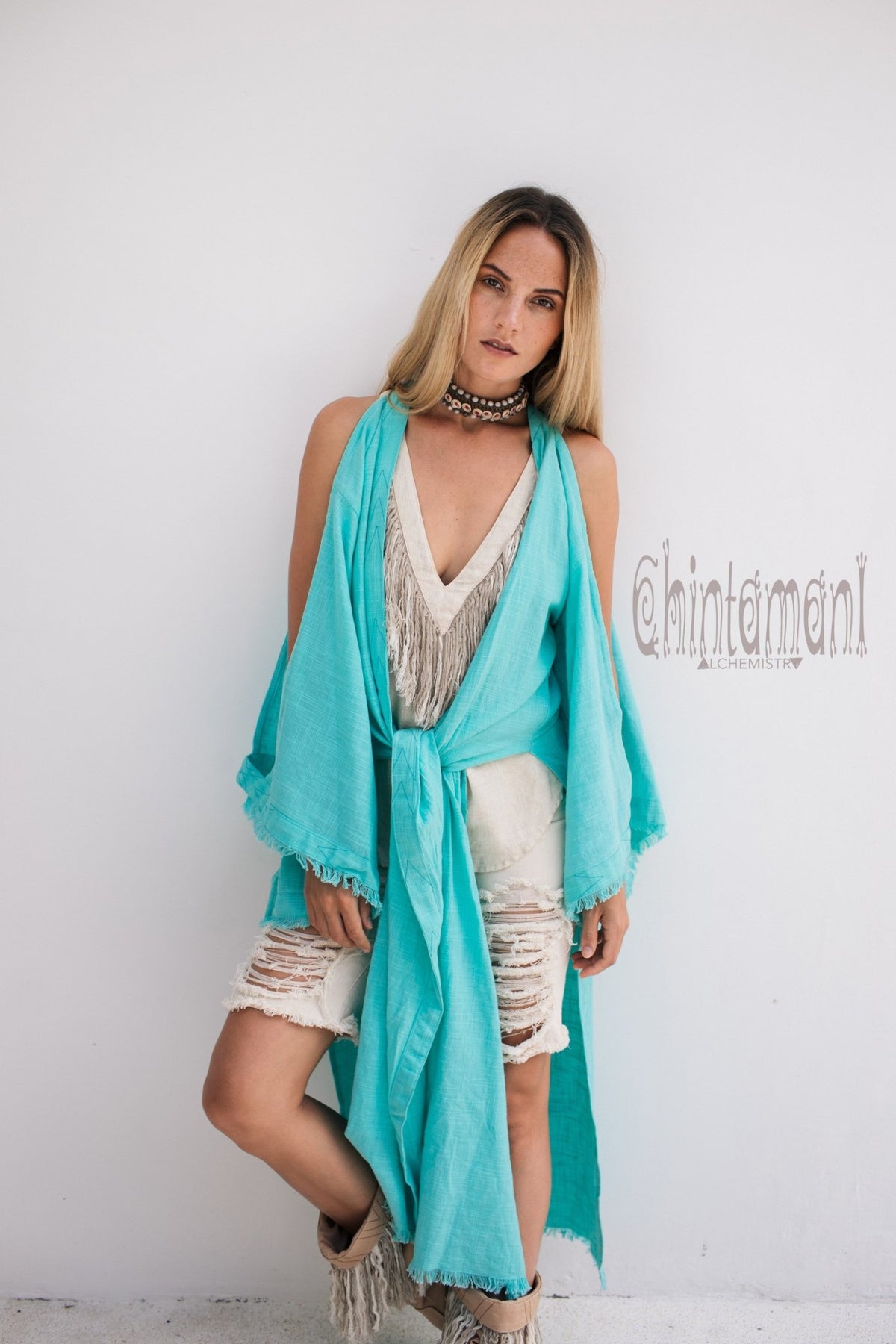 Organic Cotton Kimono Robe / Women Boho Cardigan / Turquoise - ChintamaniAlchemi