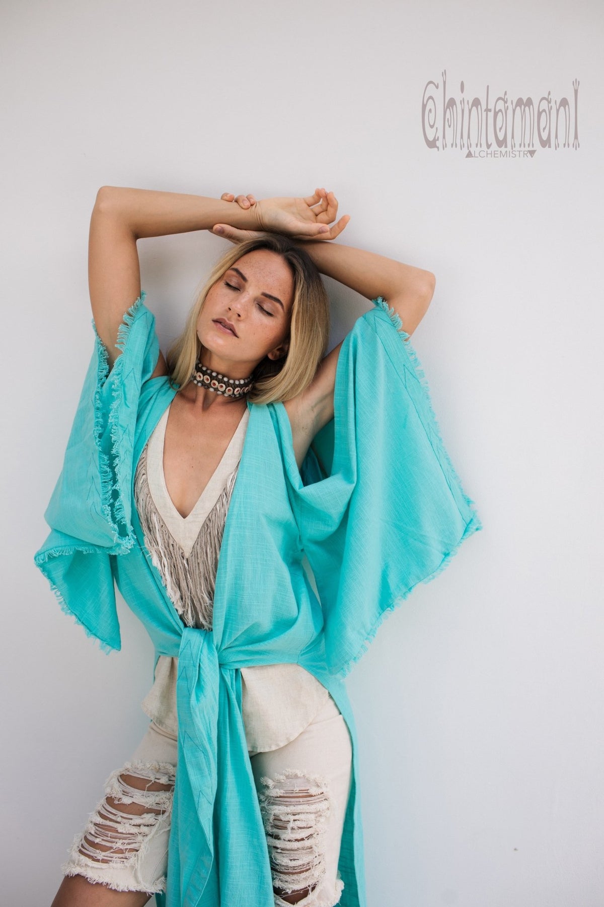 Organic Cotton Kimono Robe / Women Boho Cardigan / Turquoise - ChintamaniAlchemi