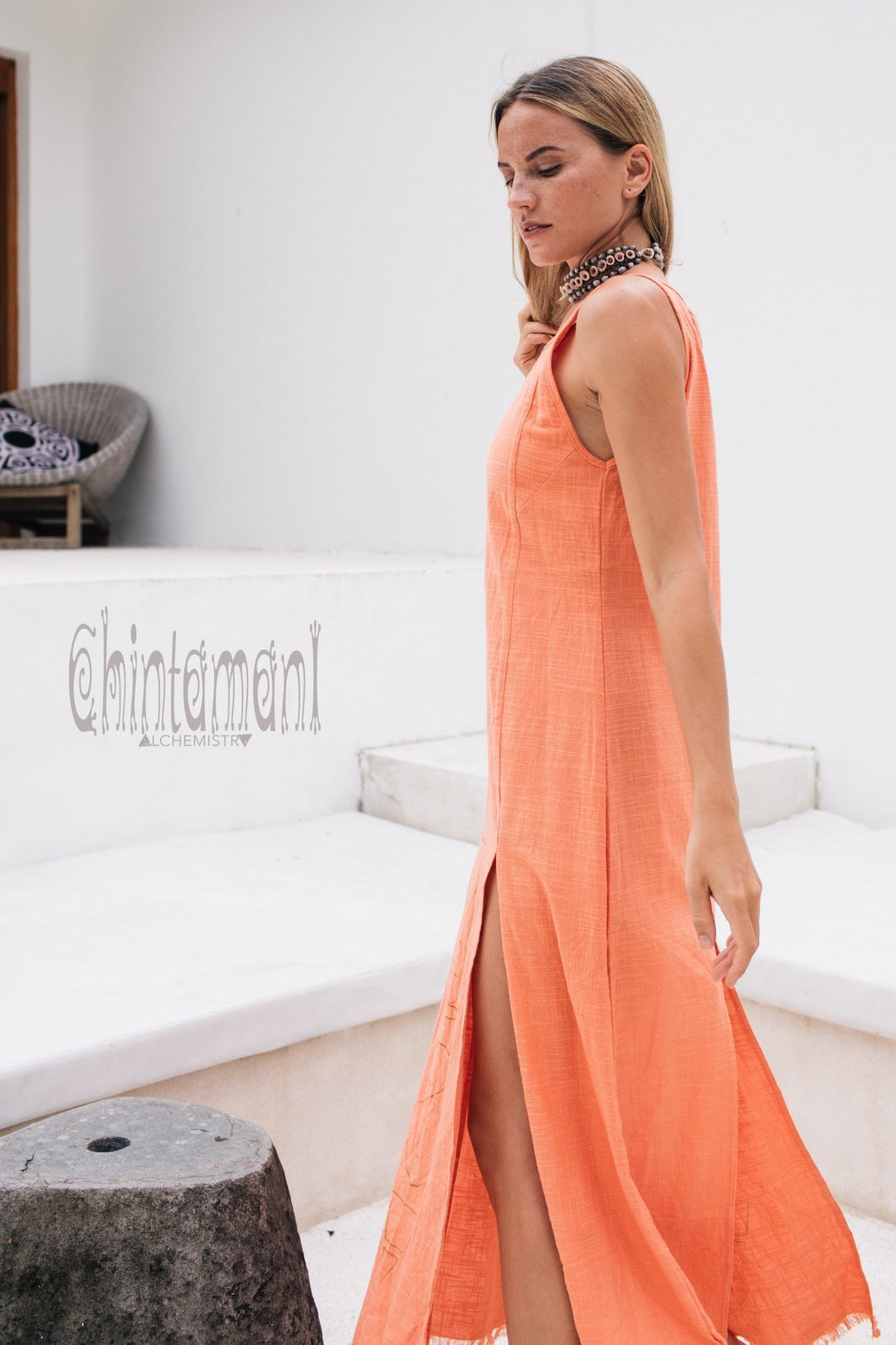 Organic Cotton Long Dress with Side Slit / Alchemy Coral - ChintamaniAlchemi
