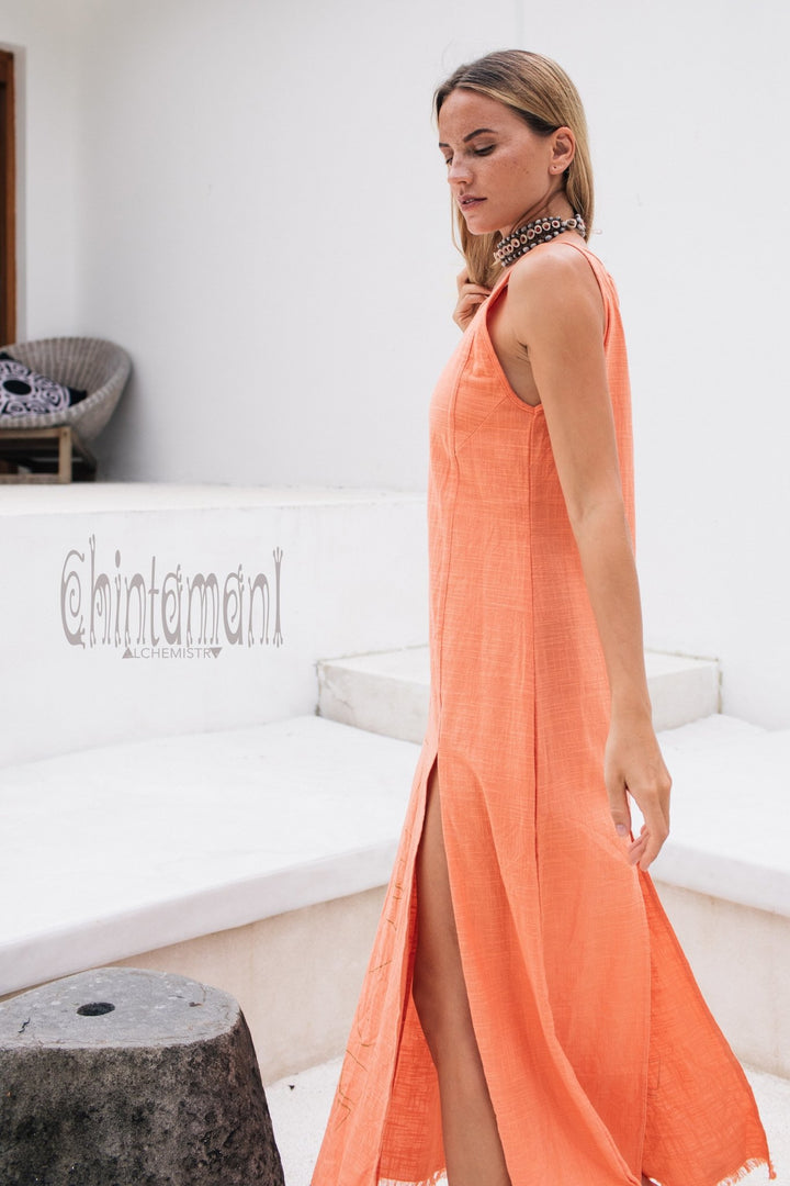 Organic Cotton Long Dress with Side Slit / Alchemy Coral - ChintamaniAlchemi