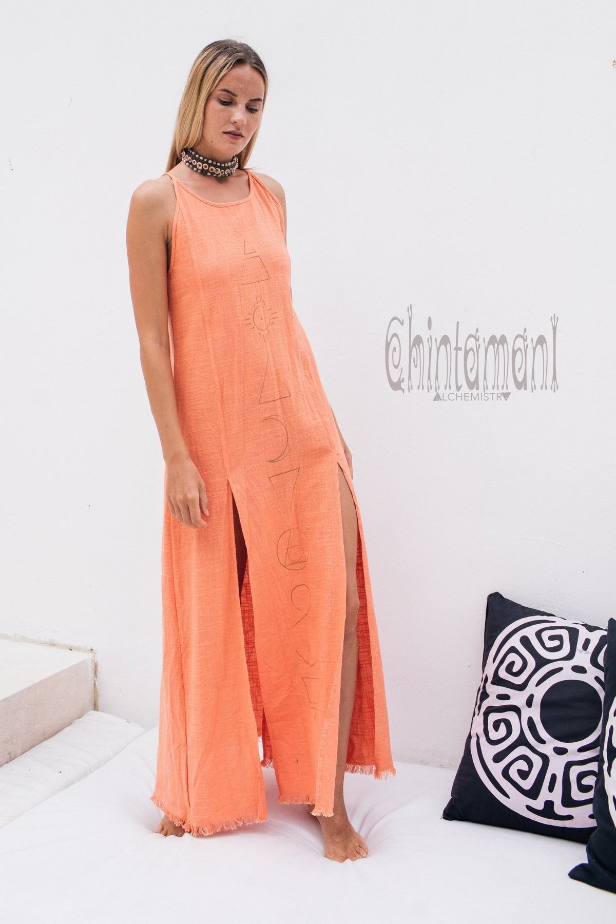 Organic Cotton Long Dress with Side Slit / Alchemy Coral - ChintamaniAlchemi