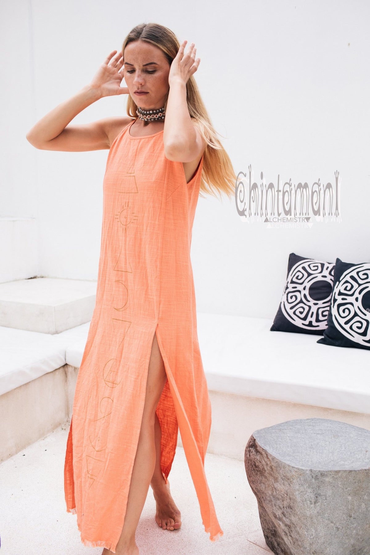 Organic Cotton Long Dress with Side Slit / Alchemy Coral - ChintamaniAlchemi